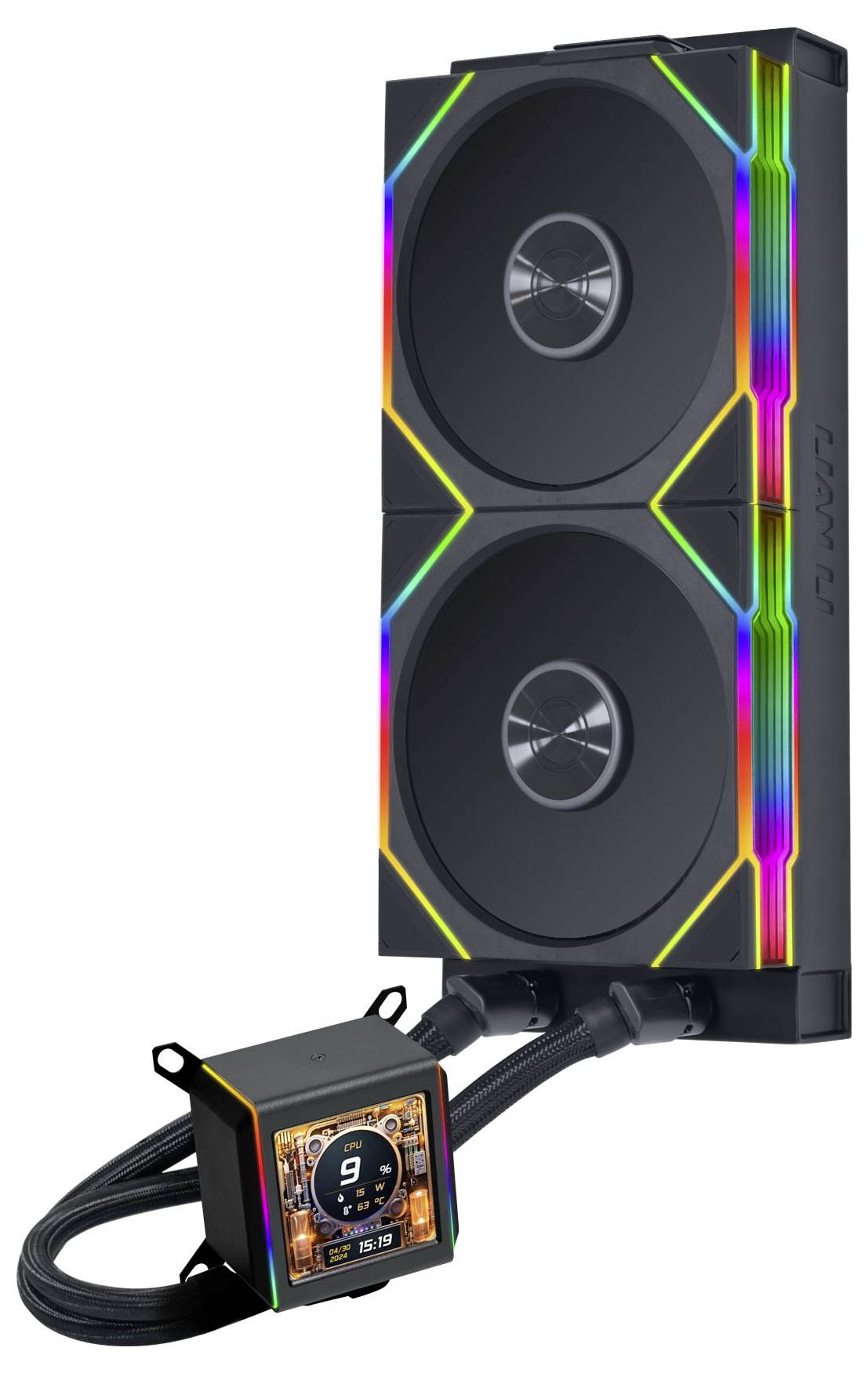 Ein schwarzer quadratischer Computerlüfter mit gekrümmten Schaufeln, entwickelt zur effizienten Kühlung in elektronischen Geräten.