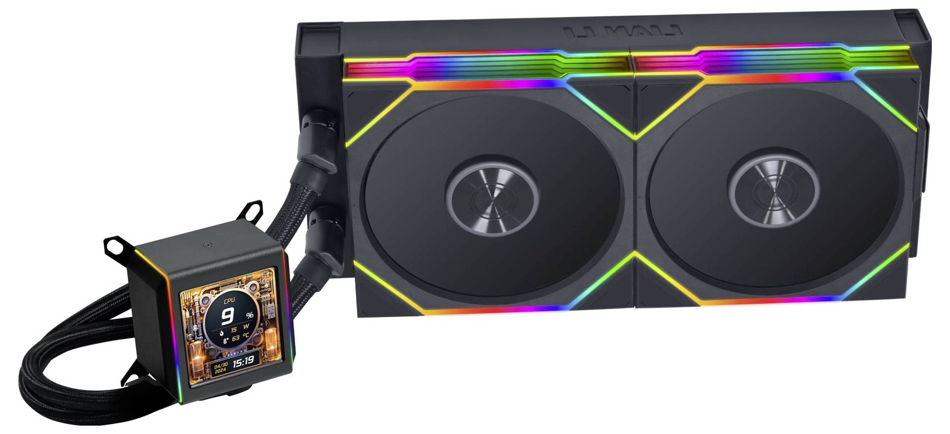 Ein rechteckiger Computerkühler mit drei großen schwarzen Blättern in einer Reihe, entwickelt für hohe Effizienz in elektronischen Geräten.