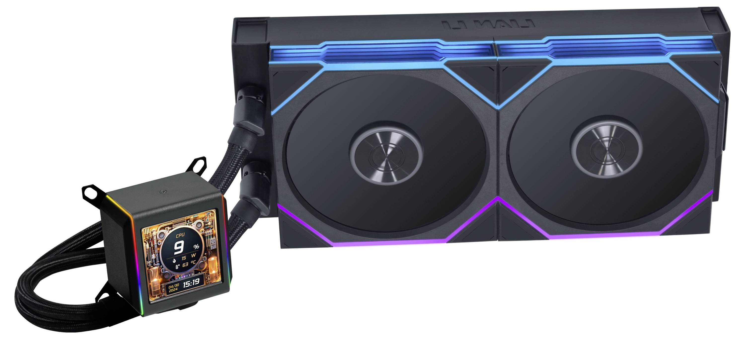 Flüssig-CPU-Kühler mit zwei Lüftern und verstellbarer RGB-Beleuchtung, mit digitalem Display zur Anzeige von Kühlmetriken und Leistungsstatistiken.