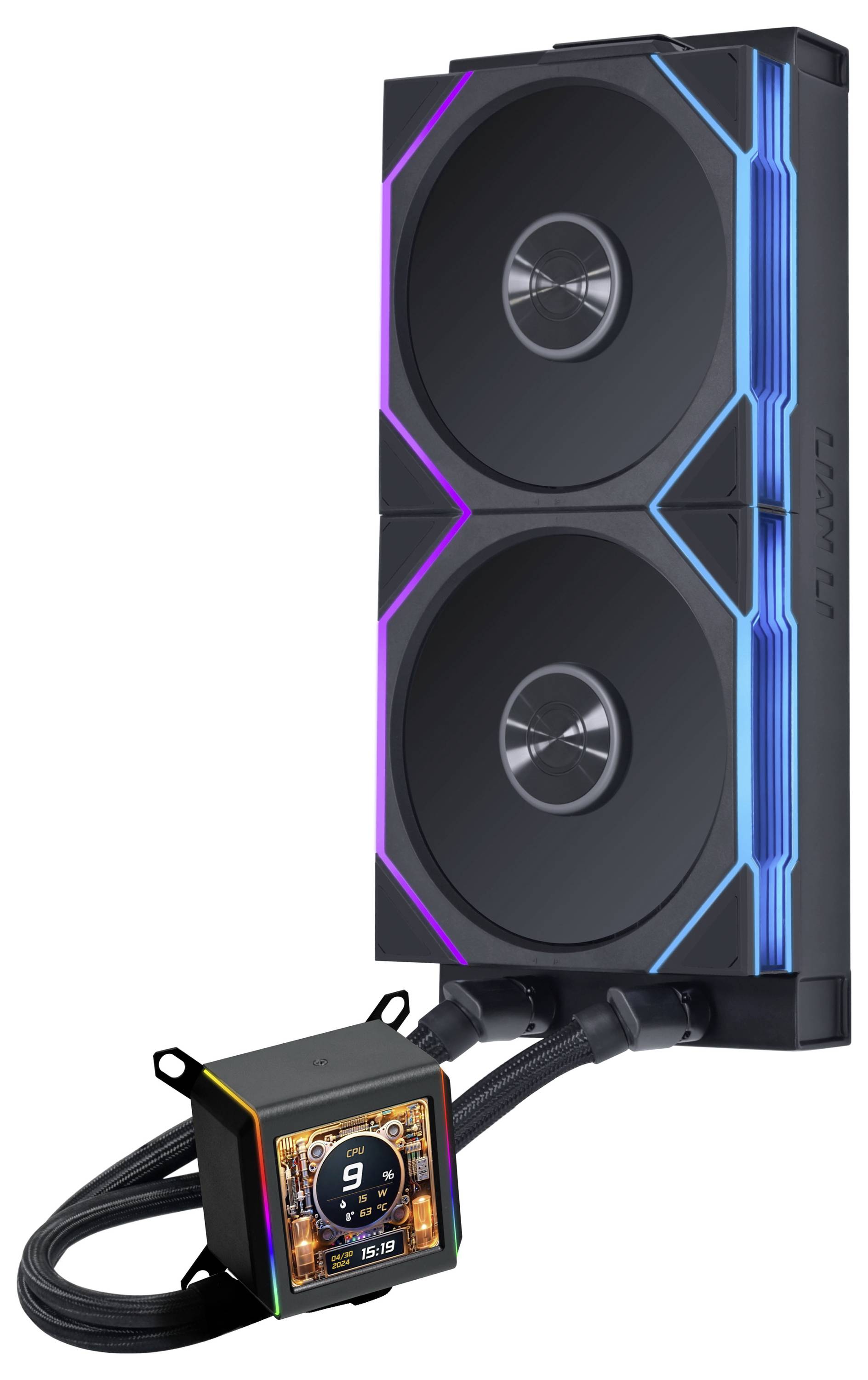 Ein schlankes, weißes kompaktes Computergehäuse mit RGB-Beleuchtung und sichtbaren Komponenten einschließlich Kühlüfter, RAM und einer Grafikkarte.