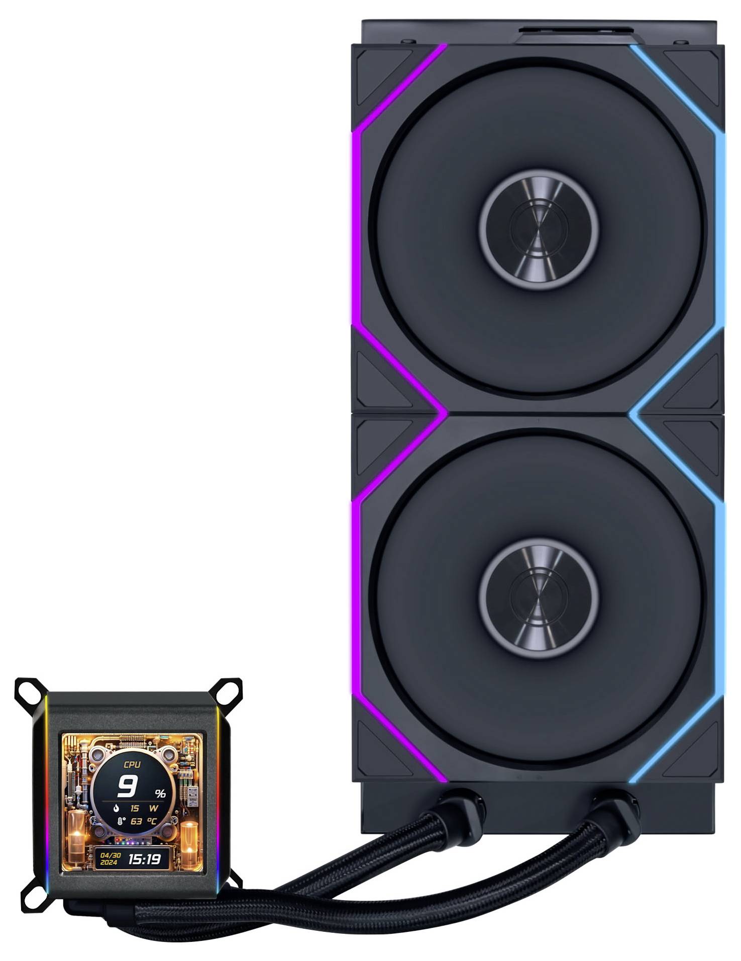 Ein Flüssigkeitskühlsystem für die CPU mit digitaler Anzeige, die die CPU-Temperatur und die Zeit anzeigt, verbunden mit einem Doppellüfter-Radiator mit RGB-Beleuchtung.