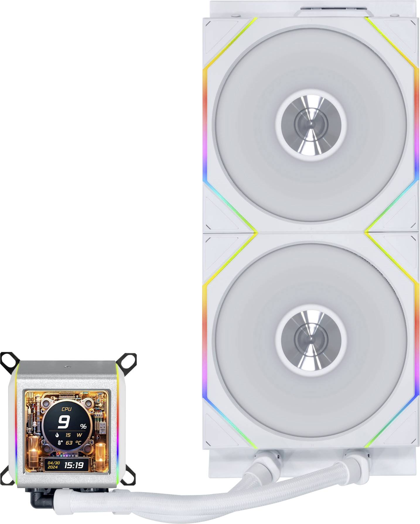 Ein weißes Kühlgerät mit zwei großen Lüftern und einem angeschlossenen Displaypanel, das CPU-Metriken anzeigt; RGB-Beleuchtung hebt die Kanten hervor.