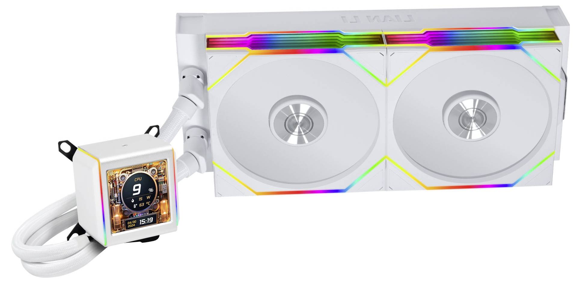 'Eine weiße PC-Kühleinheit mit zwei Lüftern und einem angebrachten digitalen Display, das 'CPU 9' und '15:19' anzeigt. Die Lüfter haben LED-Akzente.'