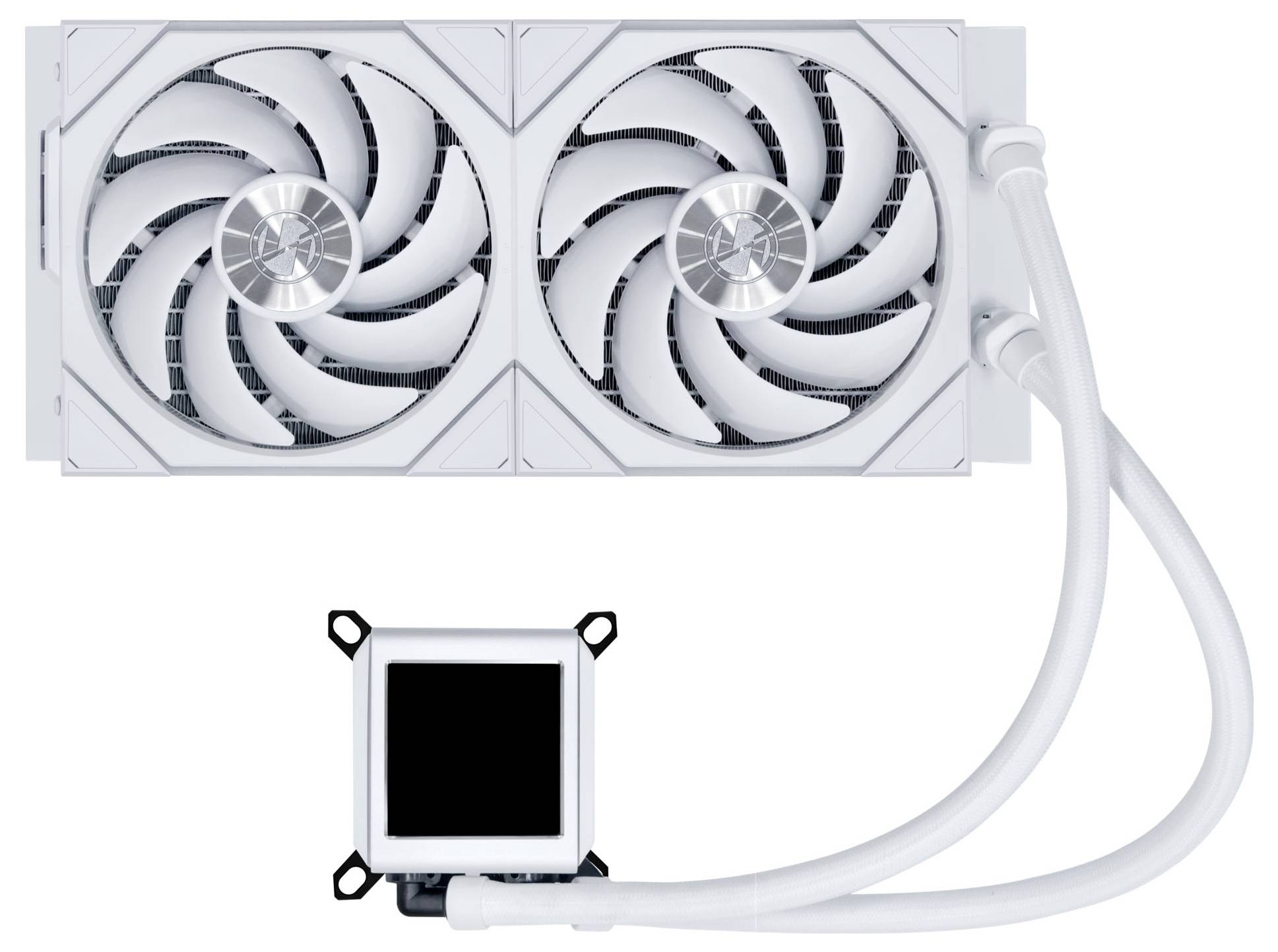 Ein weißer Dual-Lüfter-Flüssigkeits-CPU-Kühler mit verbundenen Schläuchen und einem quadratischen Kühlblock, konzipiert für die thermische Verwaltung von Computern.
