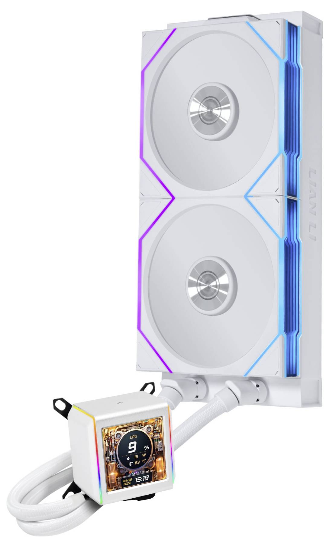 Ein weißer Computer-Kühlventilator mit zwei kreisförmigen Blättern, ausgestattet mit blauen und violetten LED-Lichtern, verbunden mit einer digitalen Steuereinheit.