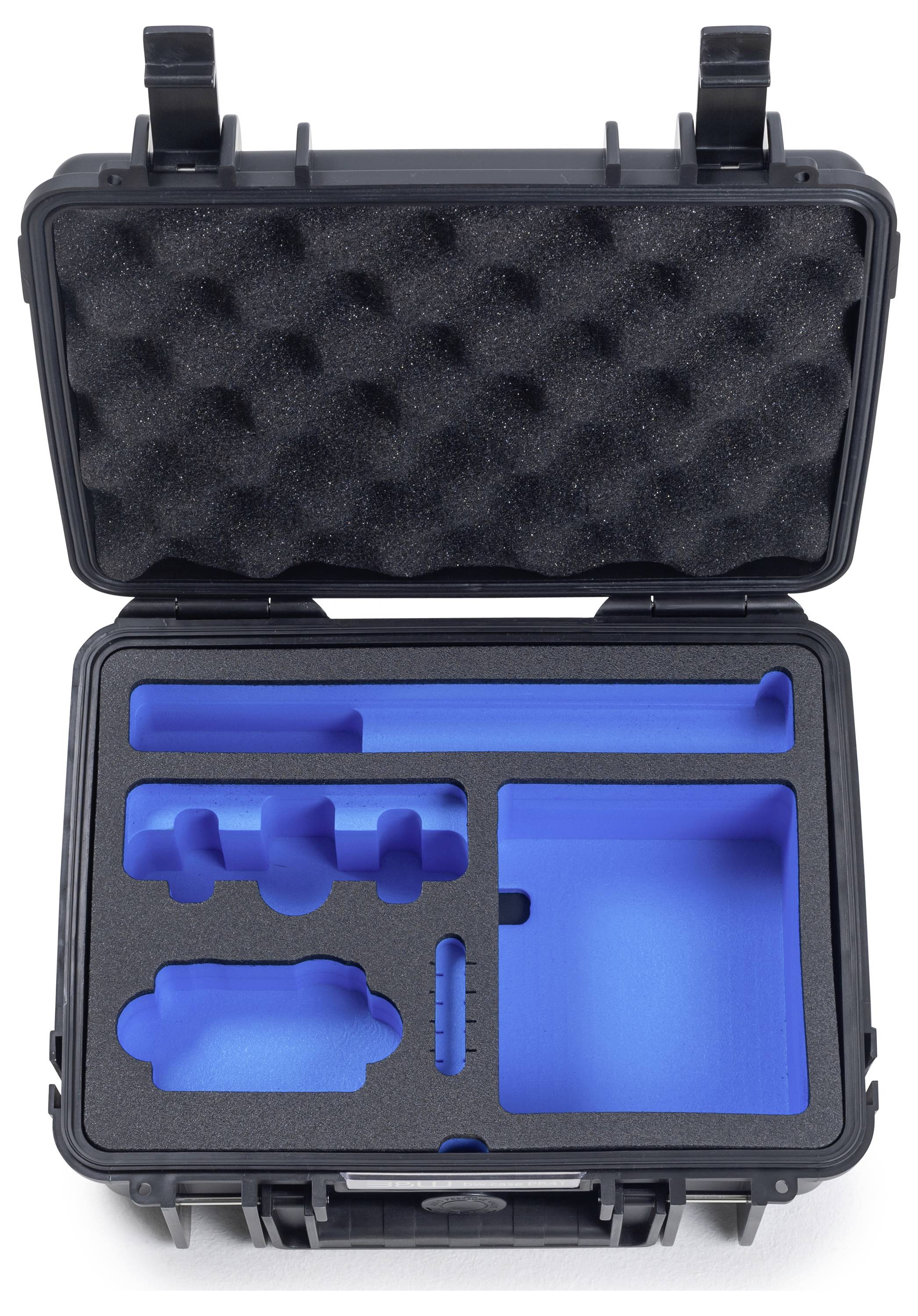 Ein schwarzer Schutzkoffer mit Schaumstoffpolsterung, der mit Aussparungen in blauem Schaum ausgestattet ist, um verschiedene Werkzeuge oder Ausrüstungen sicher zu organisieren und zu lagern.