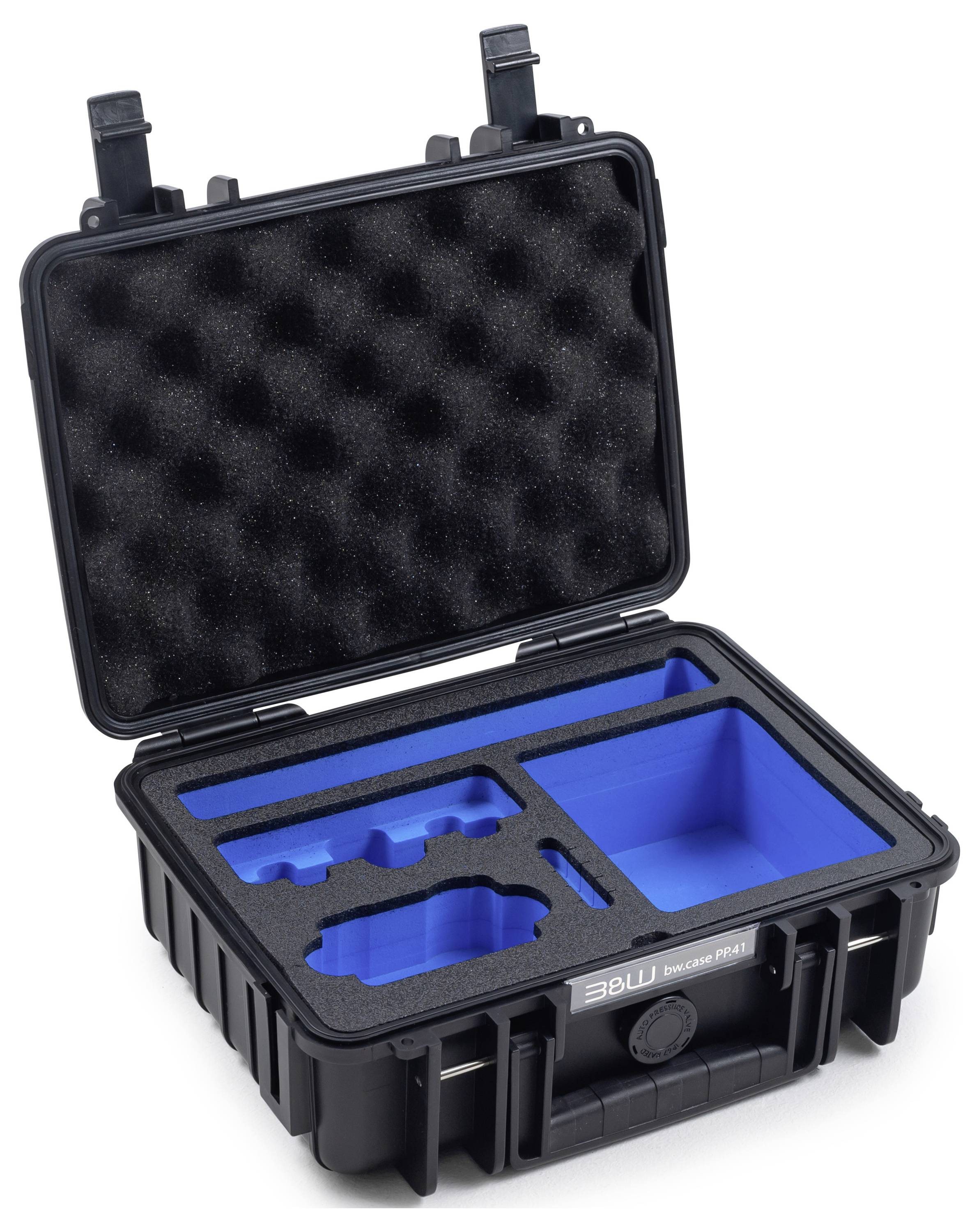 Offener schwarzer Schutzkoffer mit maßgeschneidertem blauem Schaumstoffinneren und Fächern zur sicheren Aufbewahrung von Ausrüstung.