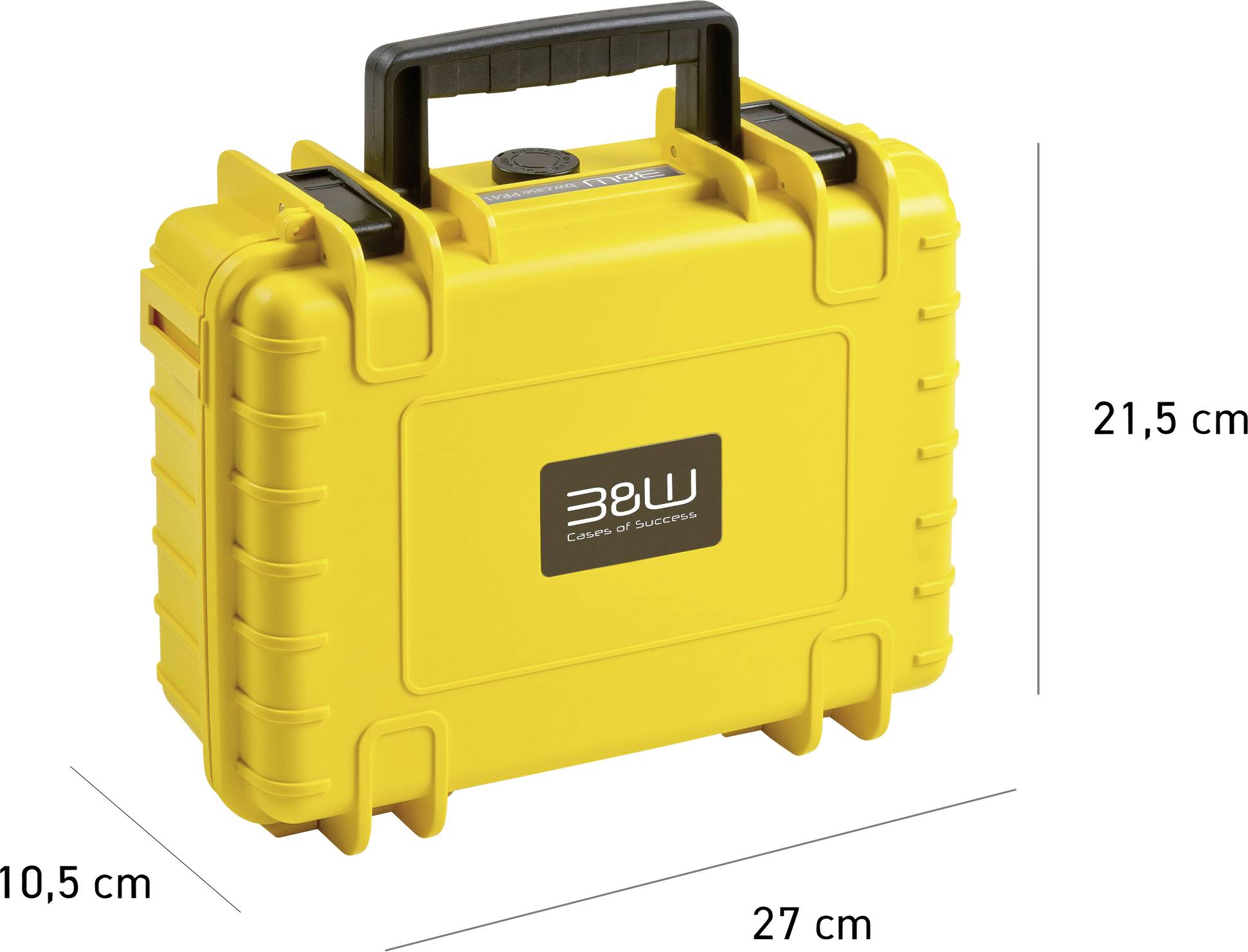 Ein gelbes, robustes Kunststoff-Transportkofferset misst 27 cm in der Breite, 21,5 cm in der Höhe und 10,5 cm in der Tiefe.