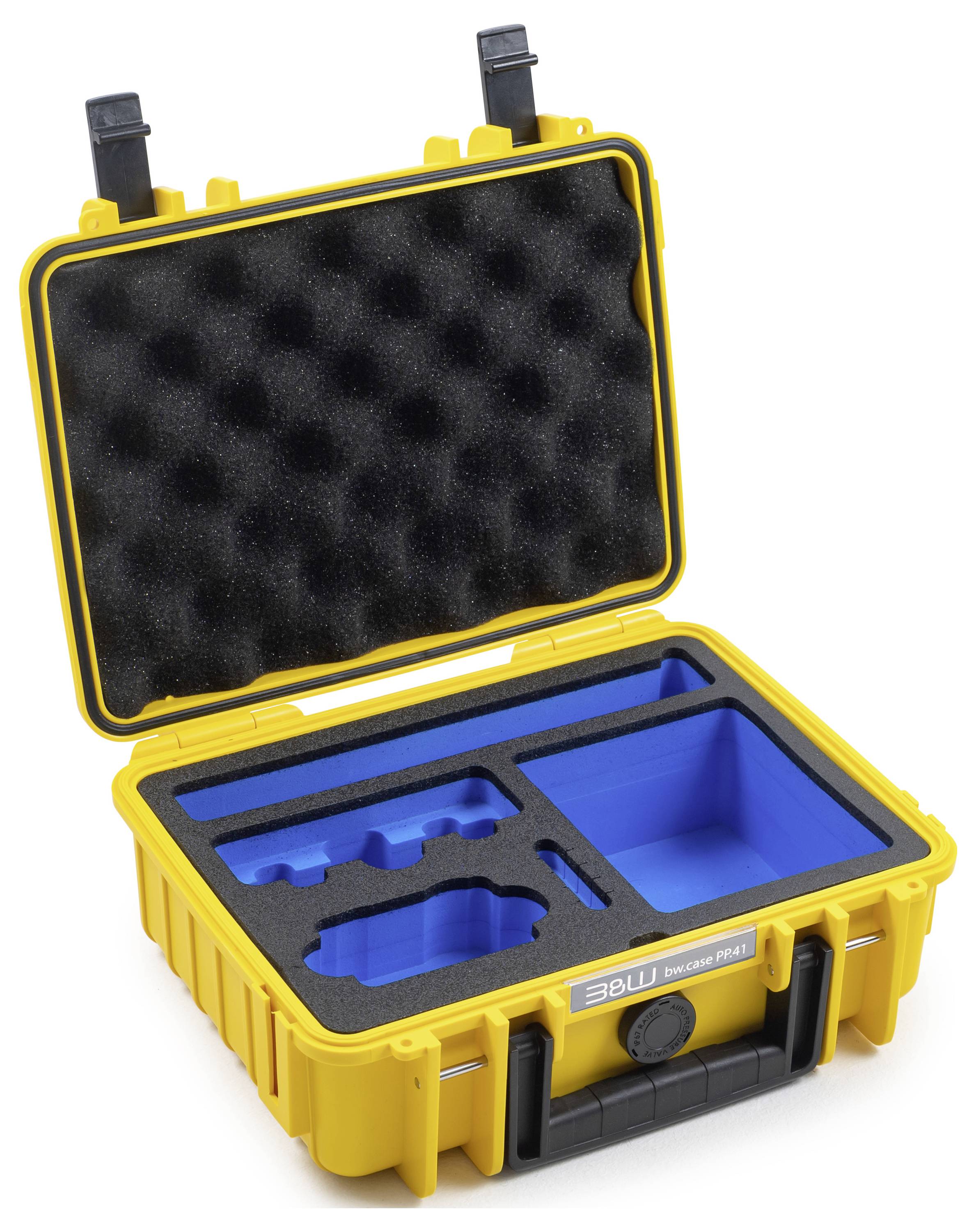 Ein gelbes schaumstoffgepolstertes Ausrüstungskoffer mit blauen Fächern ist offen und zeigt ein maßgeschneidertes Innenlayout, das für sichere Lagerung und Transport konzipiert ist.