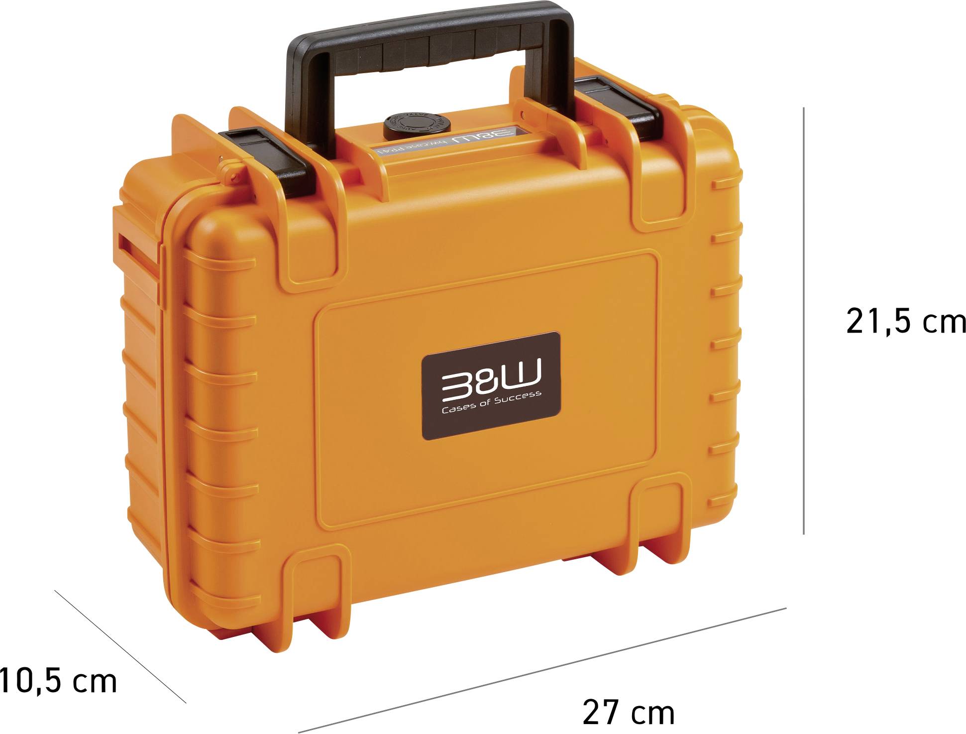 Ein orange Hartschalenkoffer mit den Maßen 21,5 cm Höhe, 27 cm Breite und 10,5 cm Tiefe mit einem schwarzen Etikett.