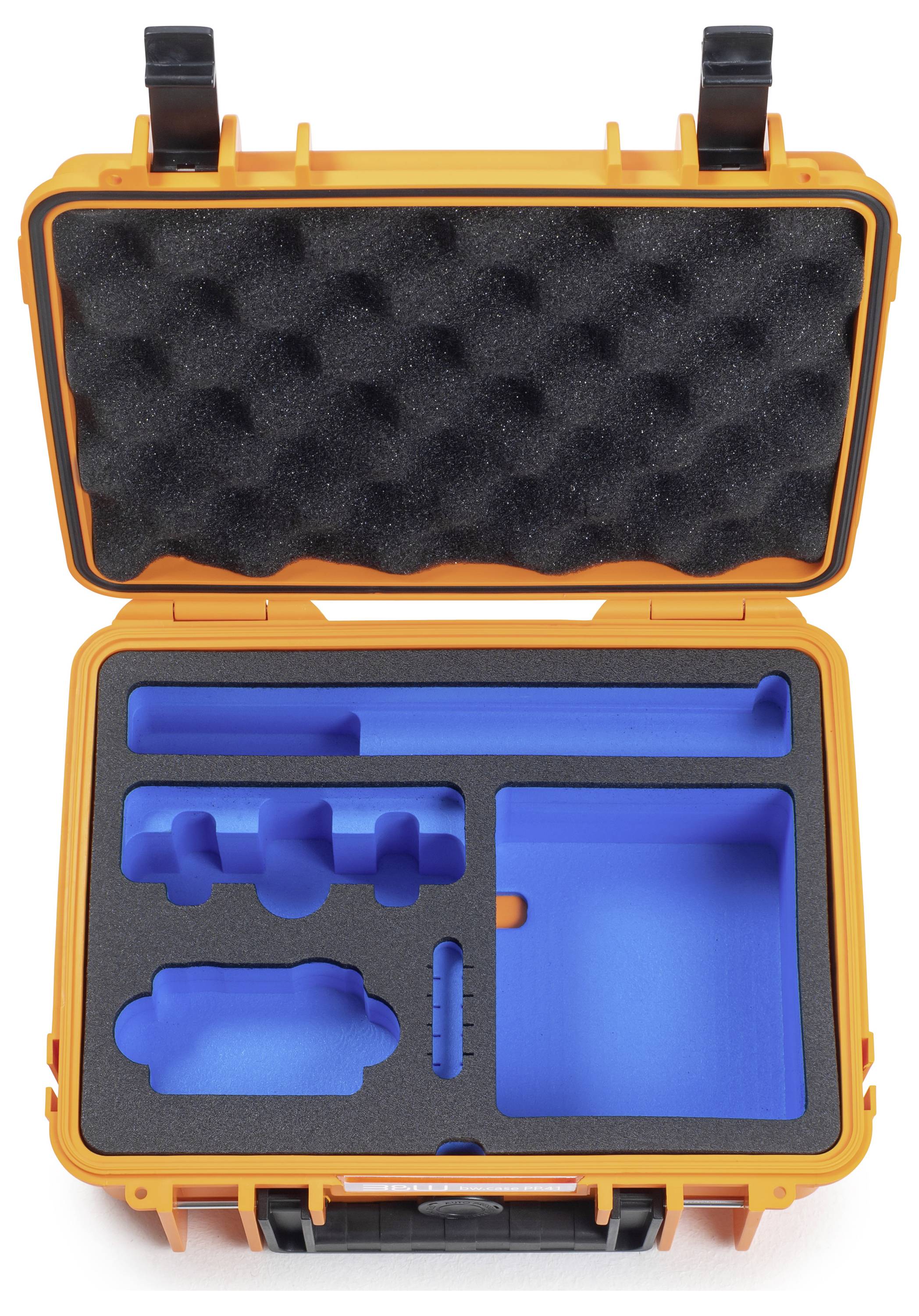 Ein offenes orange Schutzgehäuse mit benutzerdefinierten blauen Schaumstoffeinlagen, entworfen um verschiedene Ausrüstungen sicher zu halten.