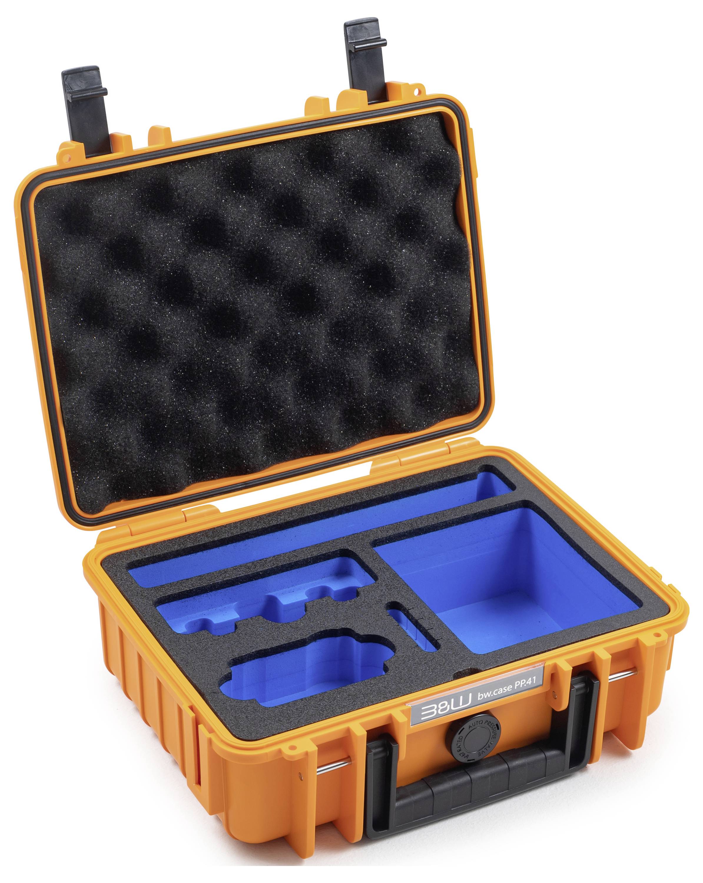 Orangener Schutzkoffer mit Schaumstoffpolsterung und blauen Innenfächern zur sicheren Aufbewahrung von Ausrüstung.