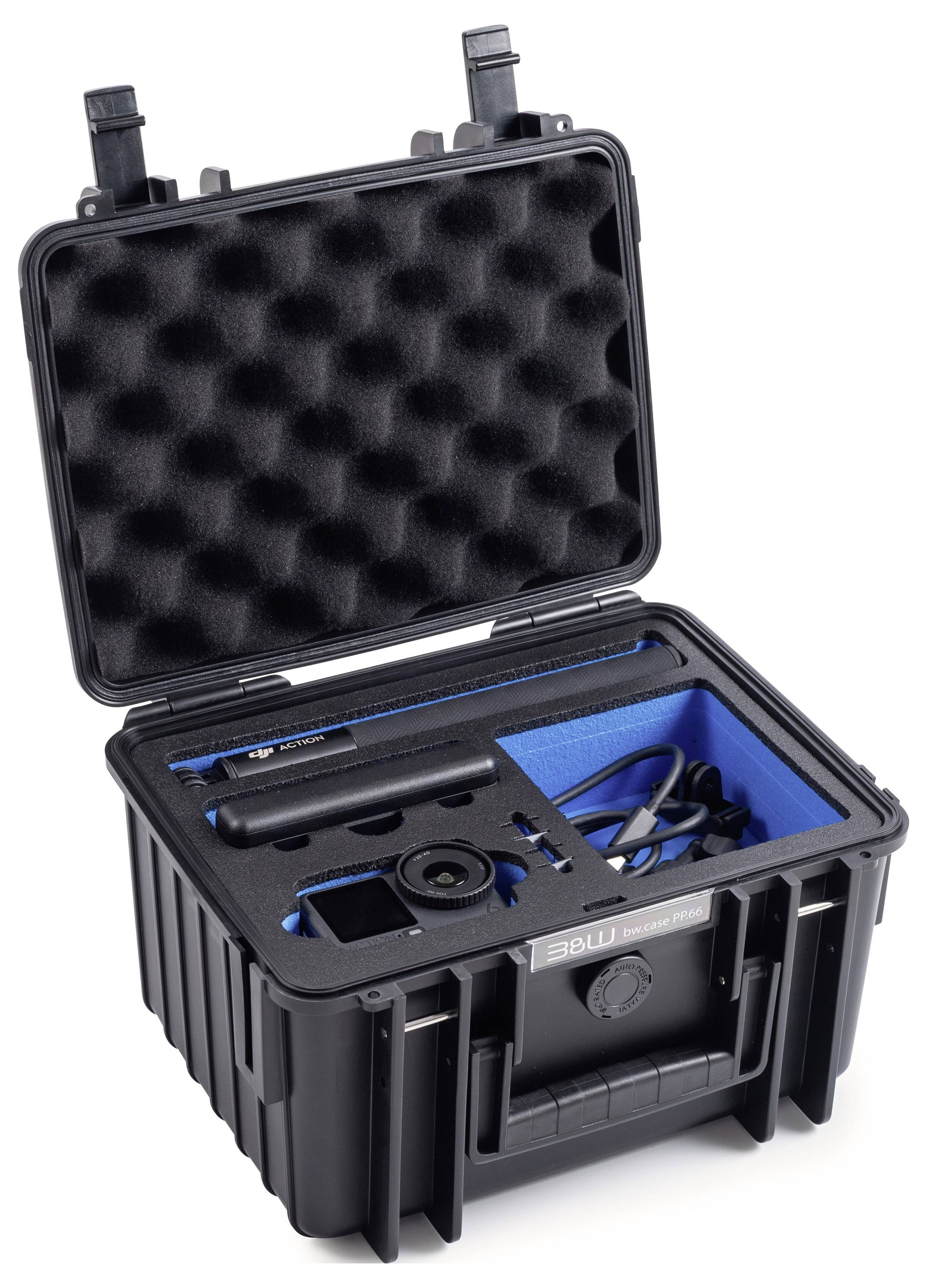 Ein offenes schwarzes Schutzgehäuse mit Schaumstoffauskleidung hält eine Kamera, ein Objektiv und Zubehör in maßgeschneiderten Fächern sicher organisiert.