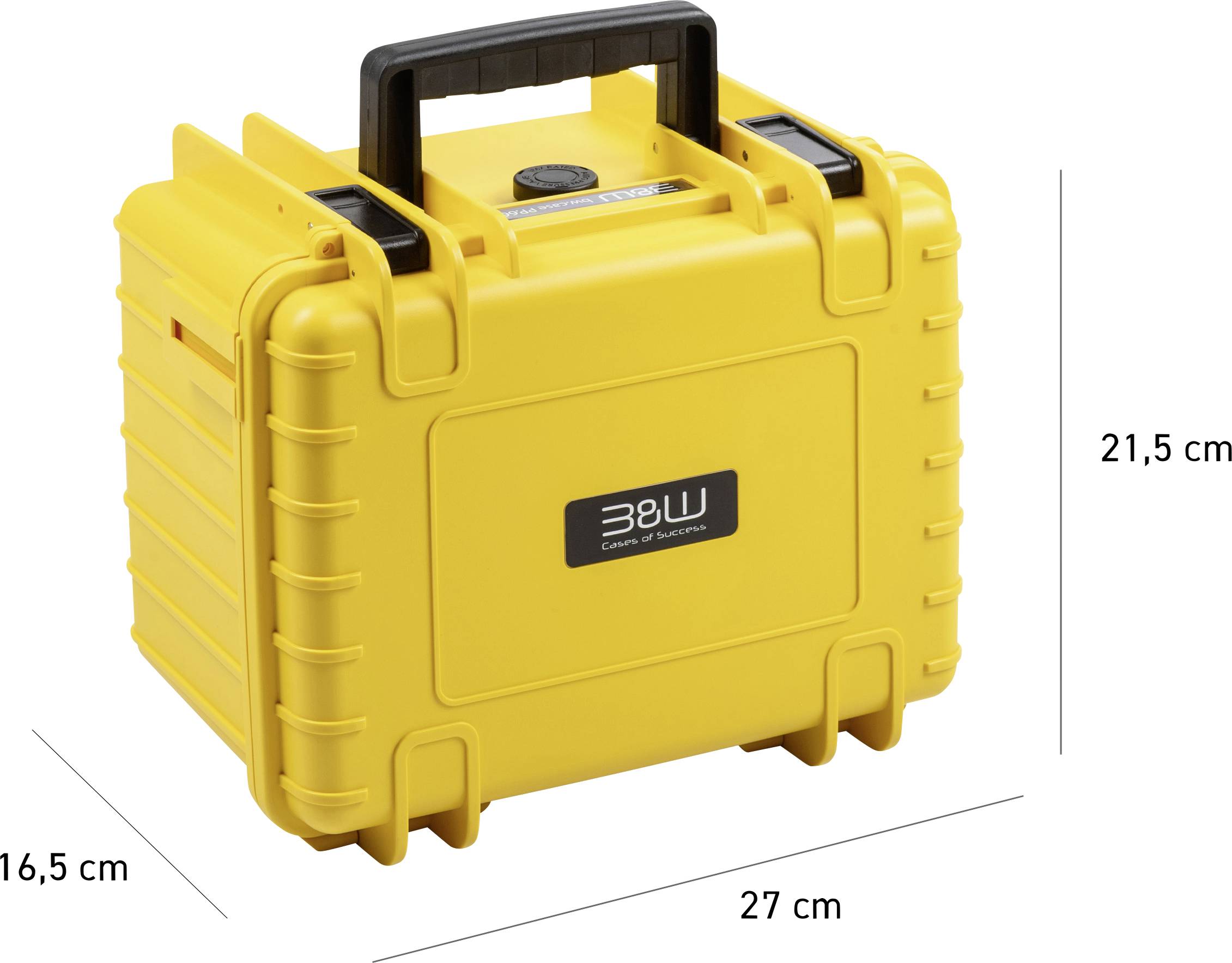 Ein gelbes, langlebiges Aufbewahrungsgehäuse mit schwarzem Griff, gezeigt mit Abmessungen: 27 cm breit, 16,5 cm tief und 21,5 cm hoch, beschriftet mit „B&W
