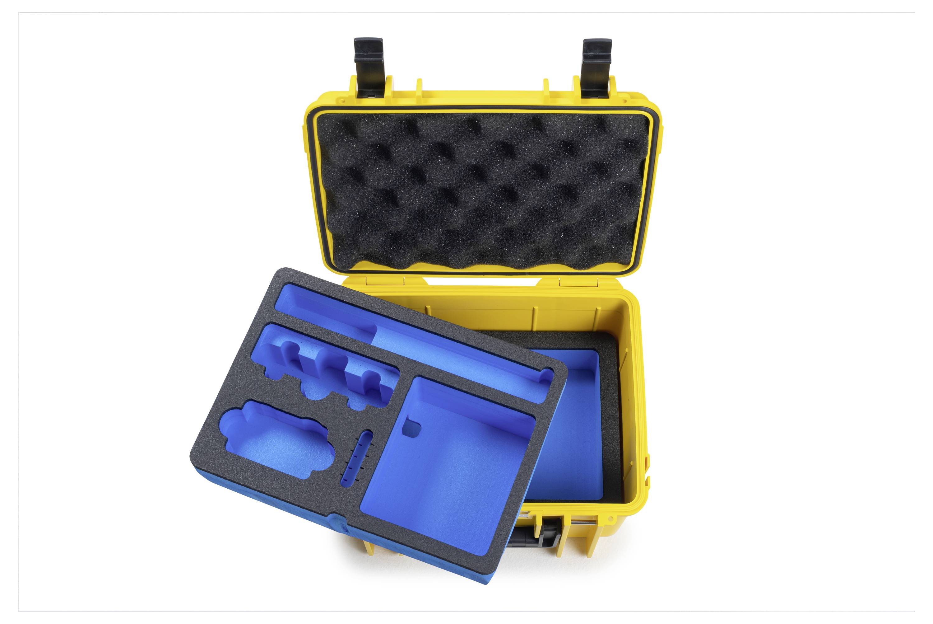 Ein gelbes Gehäuse mit einer blauen und schwarzen maßgefertigten Schaumstoffeinlage, die zum Halten spezifischer Werkzeuge oder Ausrüstung ausgelegt ist, geöffnet mit sichtbaren Fächern.