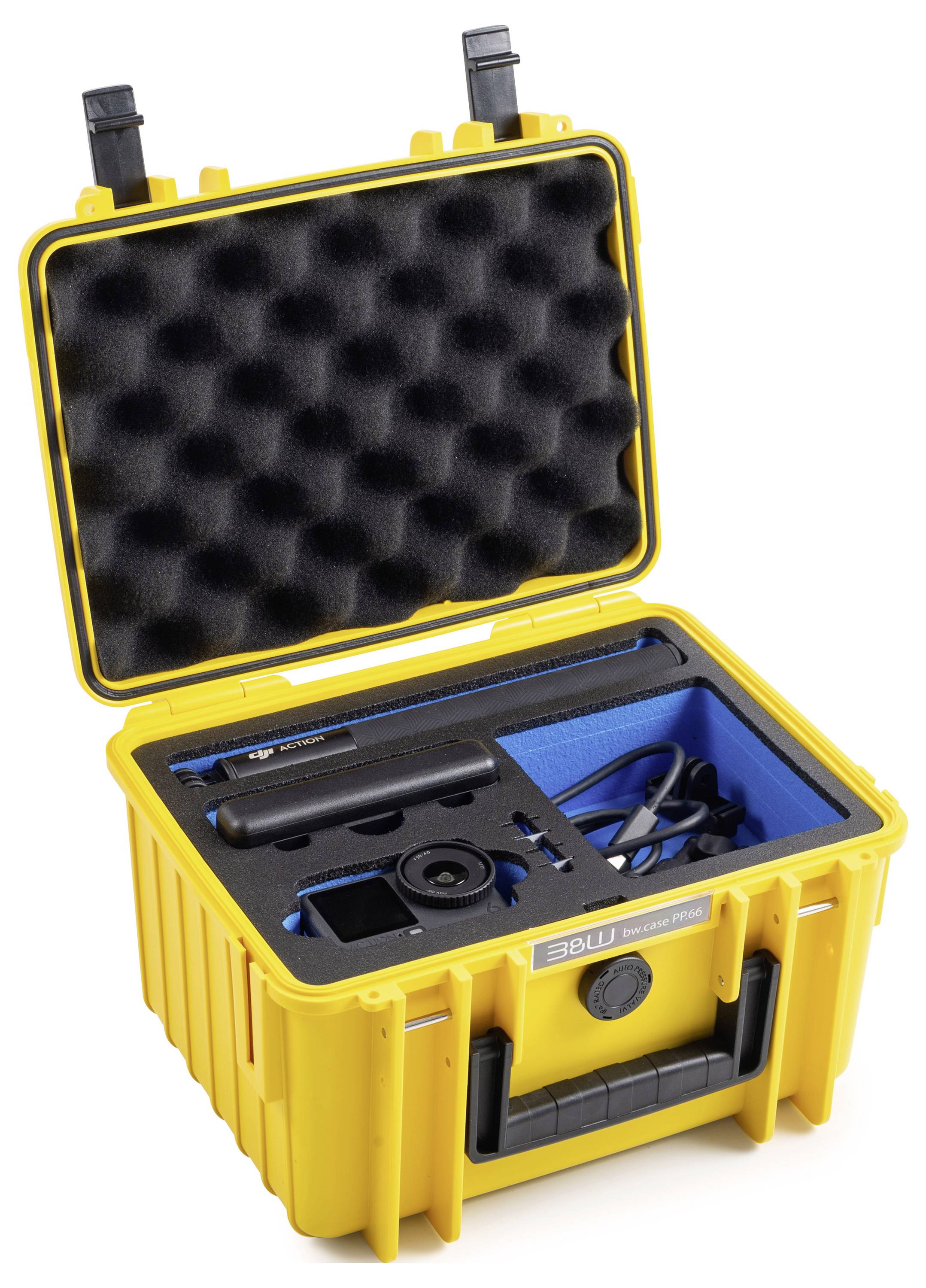 Gelbes Schutzgehäuse offen, das organisierte Fächer mit elektronischer Ausrüstung einschließlich Kabeln und Gadgets zeigt, mit Schaumstoffpolsterung.