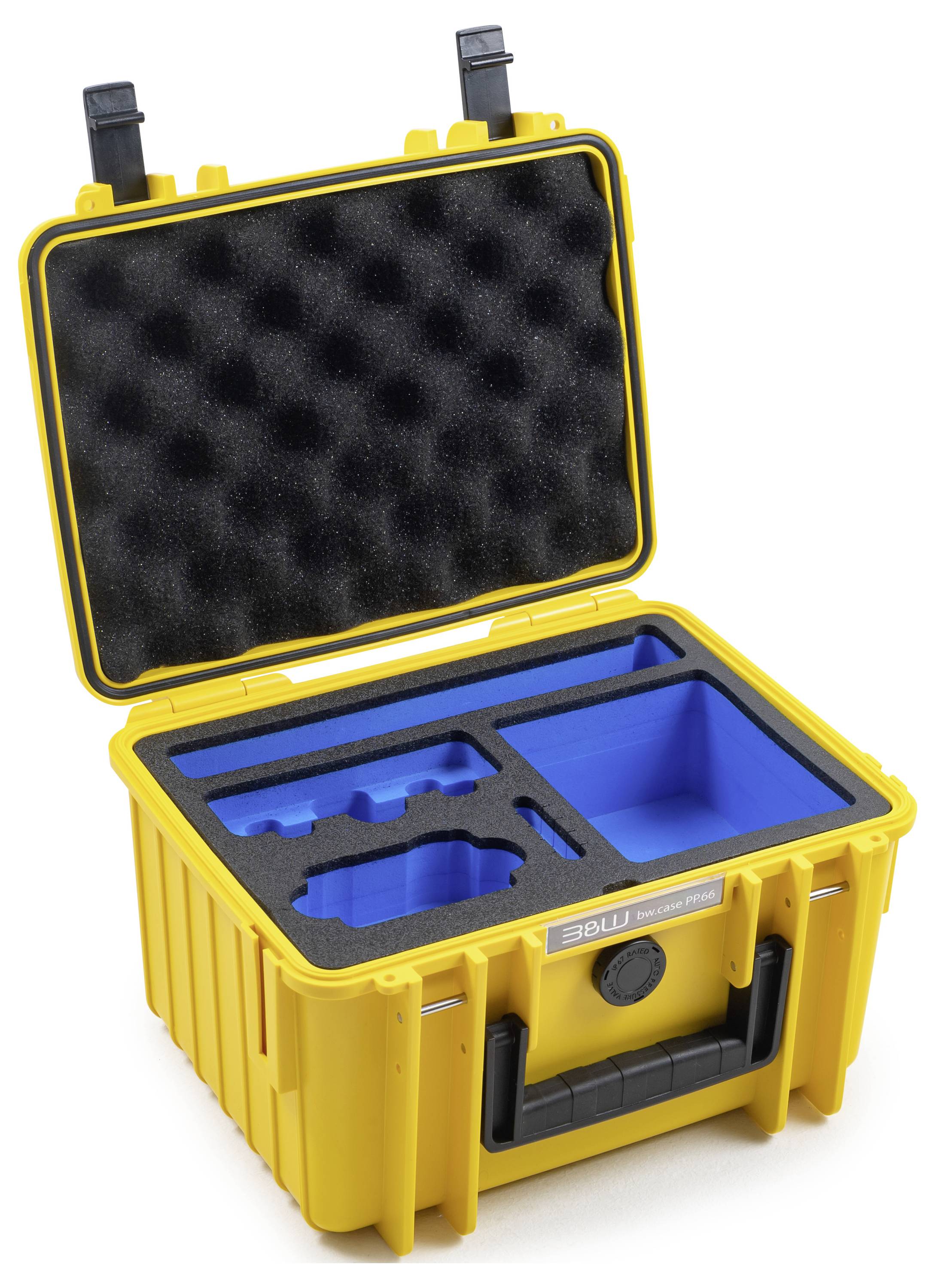 Ein gelbes, hartes Kunststoff-Lagerkabel mit schwarzem Schaumstoffinneren und blauen Fächern, offen, um organisierte Abschnitte für Ausrüstung zu zeigen.