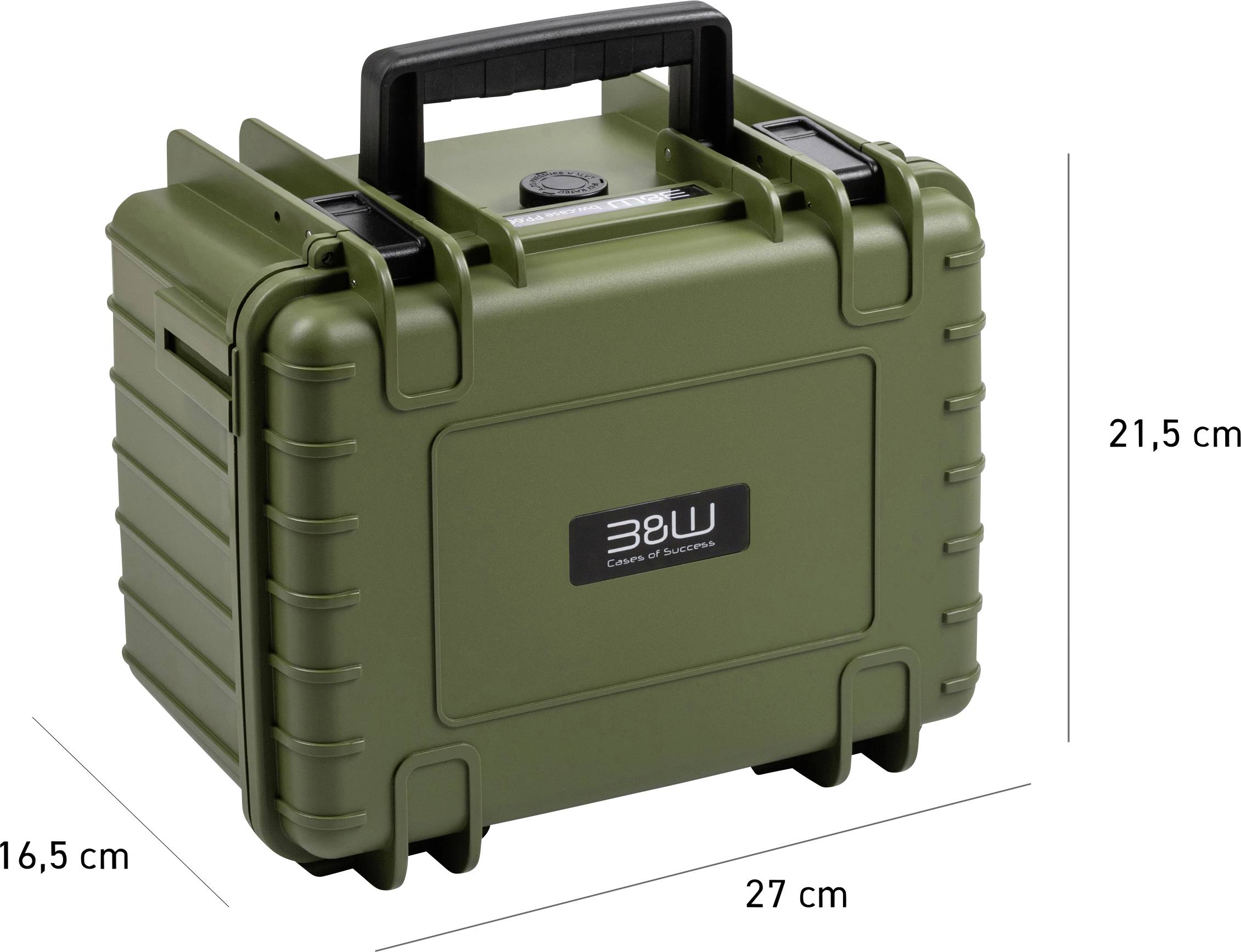 Ein grüner Schutzkoffer mit harter Schale und Griff oben, beschriftet mit „38W