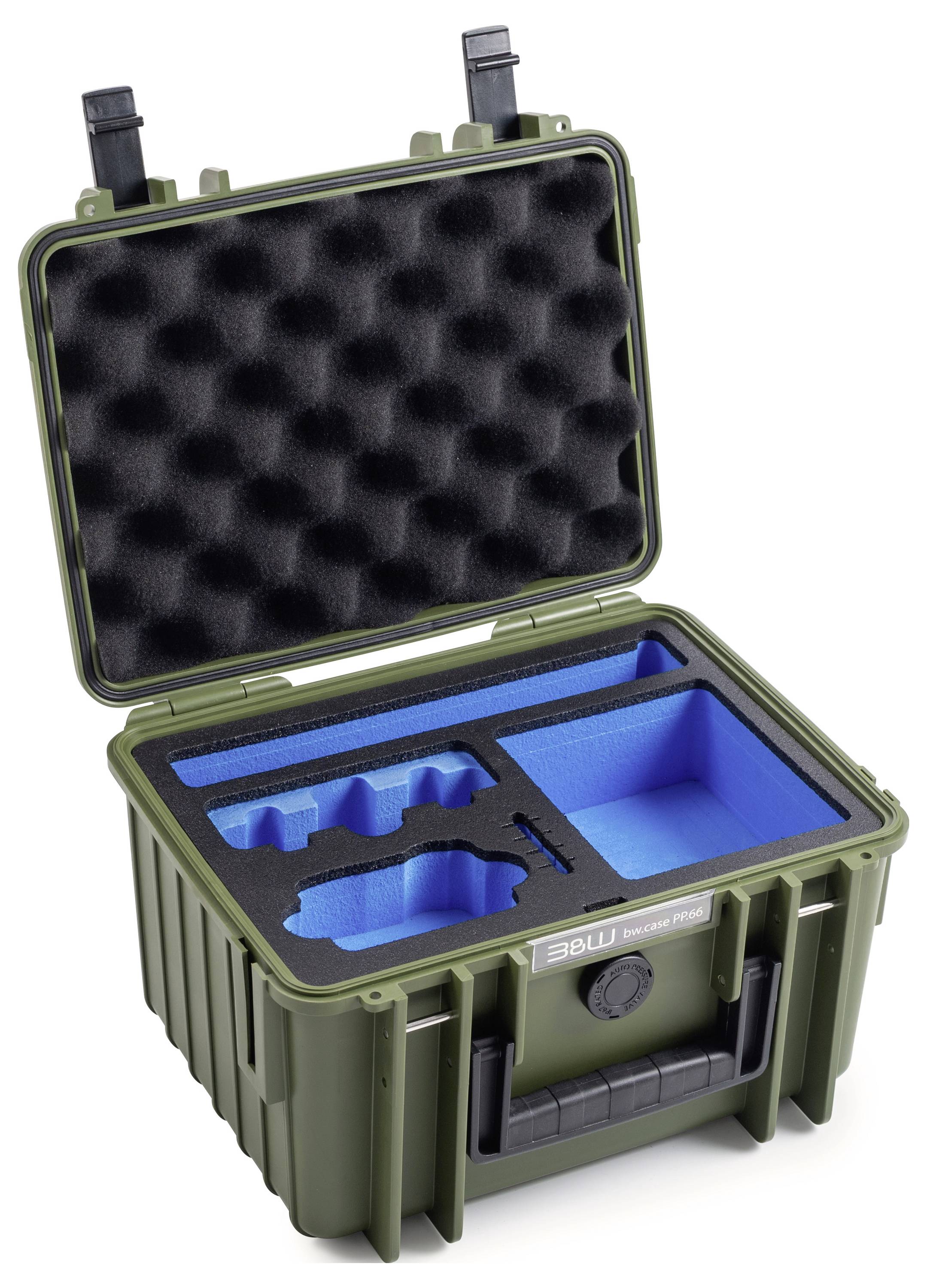 Ein offenes, olivgrünes Schutzgehäuse mit einem schwarzen, schaumstoffgepolsterten Deckel und einer blauen, individuell angefertigten Schaumstoffeinlage, das zur sicheren Aufbewahrung von Ausrüstung konzipiert ist.