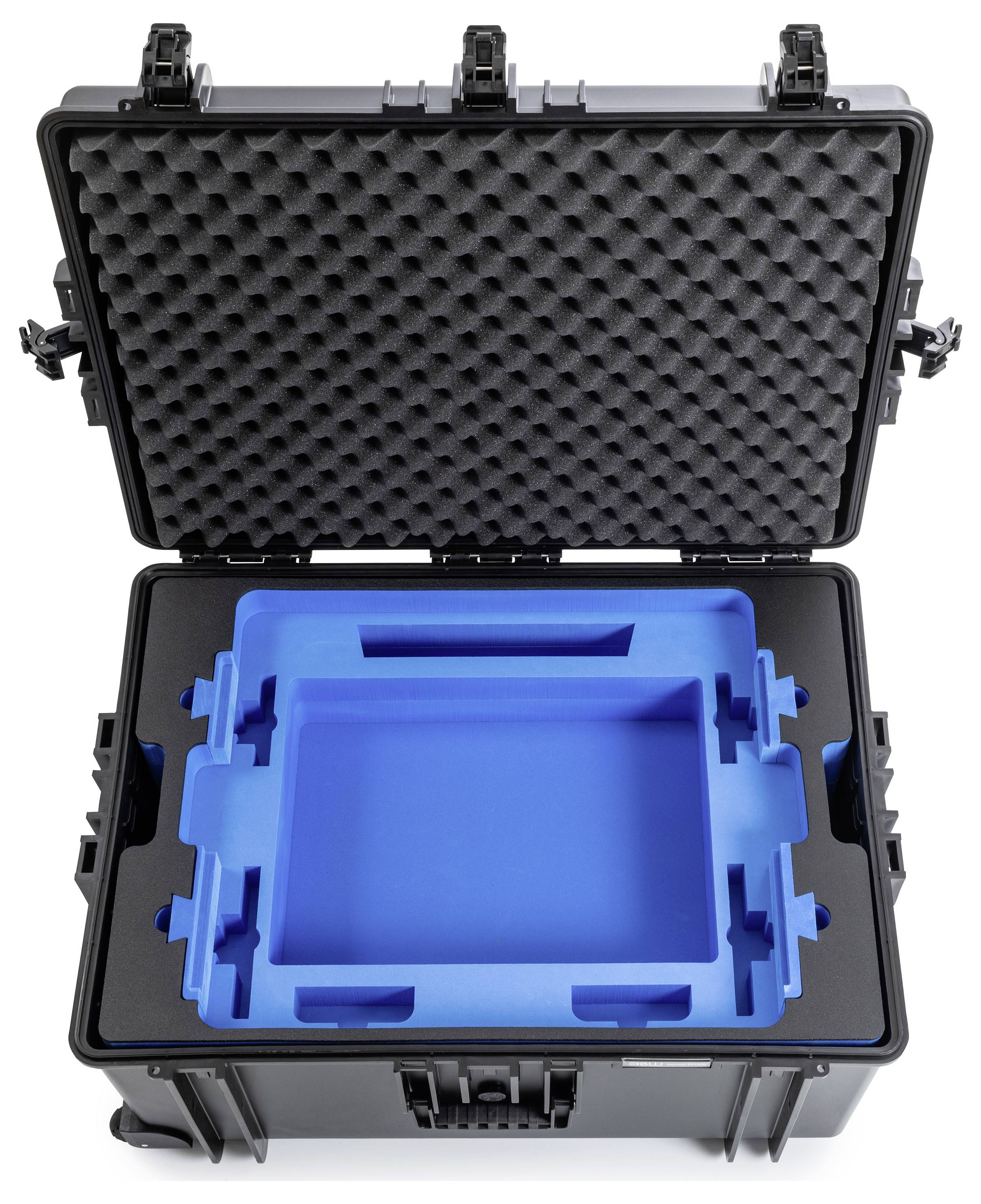 Offene schwarze Schutzbox mit maßgefertigtem Schaumstoff-Einsatz zum Schutz von Ausrüstung.