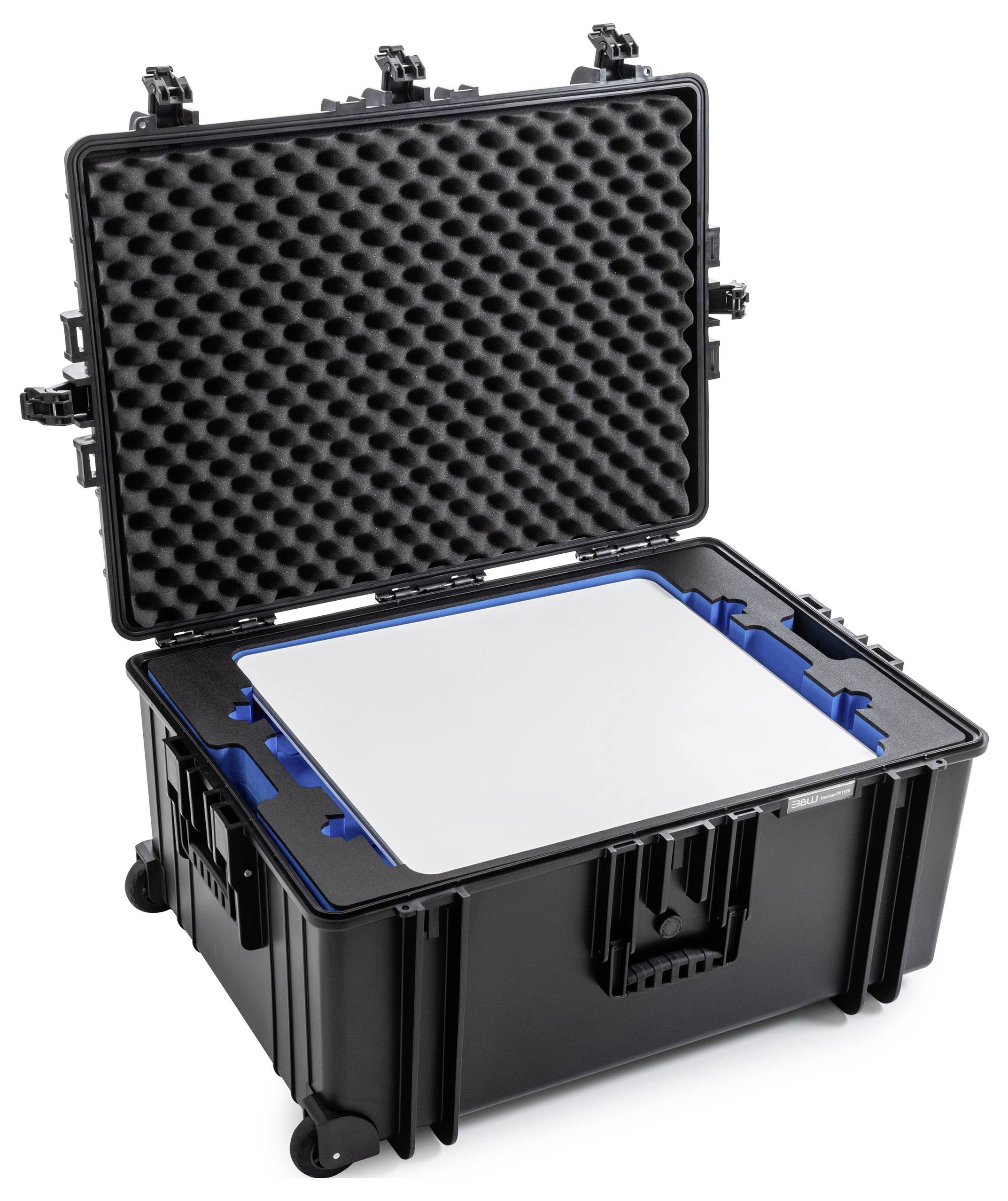 Offener schwarzer Schutzkoffer mit Schaumstoffeinlage und weiß gepolstertem Innenraum.