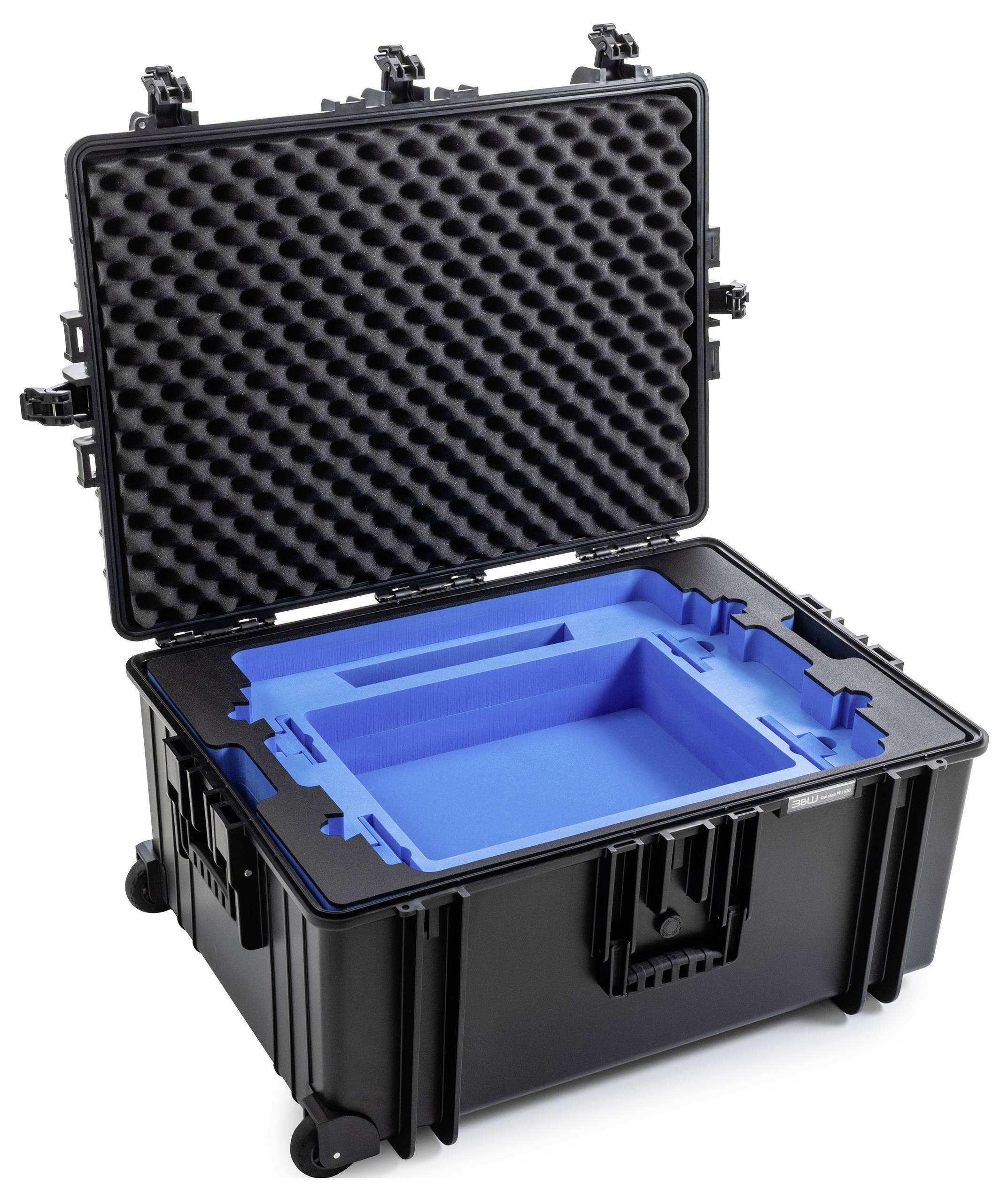 Ein schwarzes Schutzgehäuse mit offenem Deckel zeigt blaue Schaumstoffkompartimente im Inneren, die zum sicheren Transport und zur Lagerung empfindlicher Ausrüstung konzipiert sind.