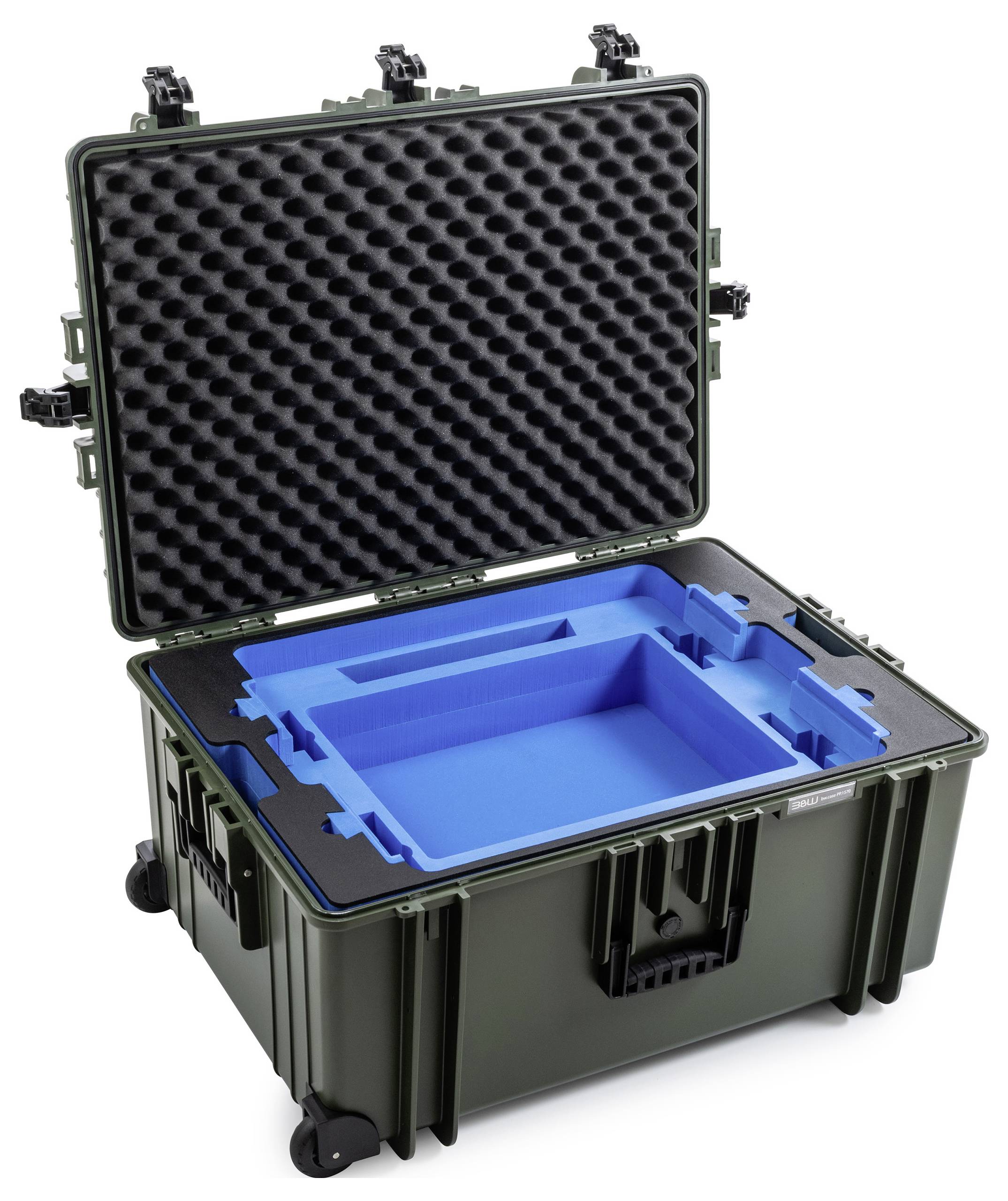 Ein grüner, fahrbarer Lagerungskoffer mit geöffnetem Deckel, der blauen maßgeschneiderten Schaumstoff im Inneren zeigt, konstruiert zum sicheren Transport von Ausrüstung oder Werkzeugen.