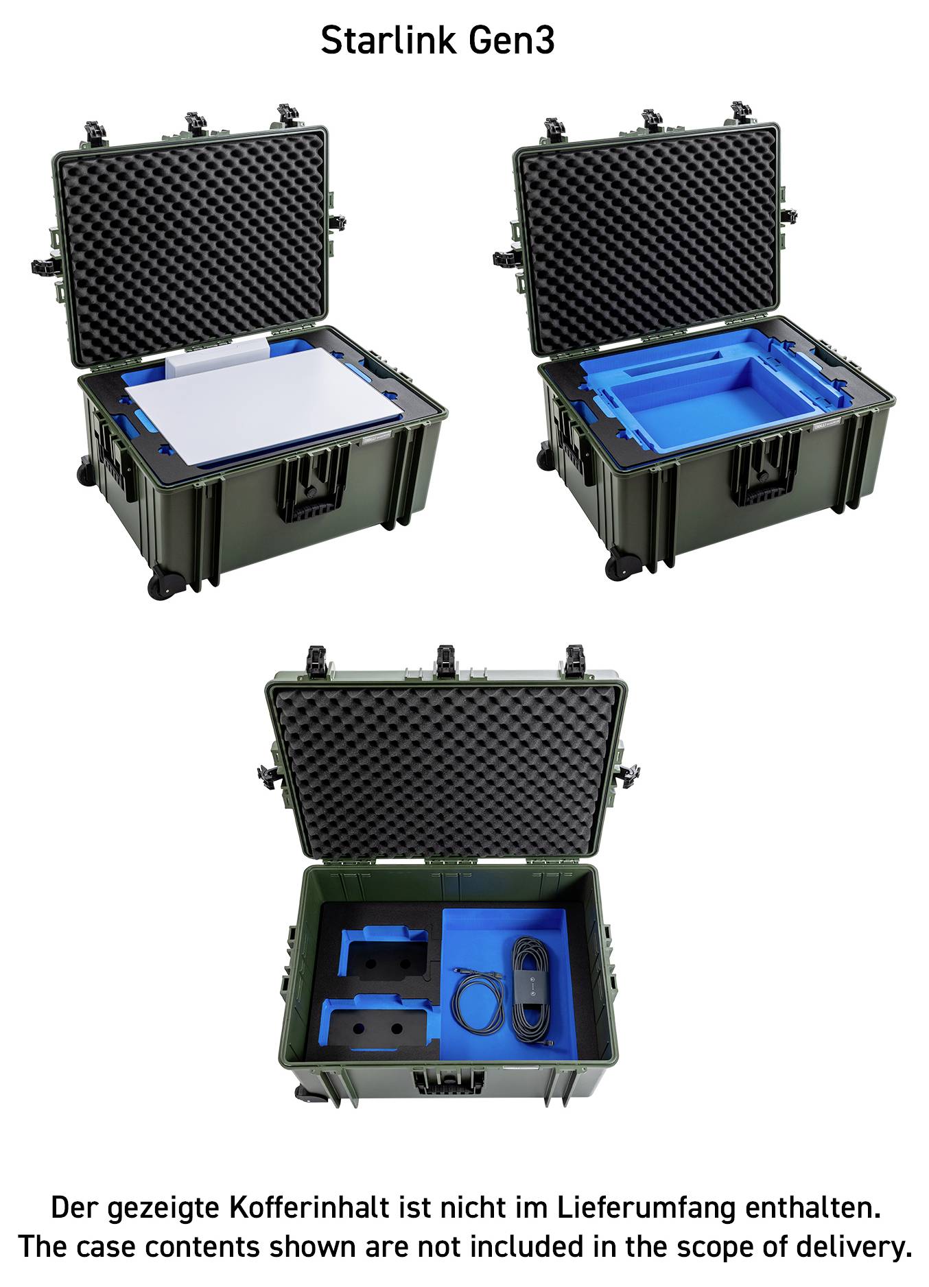 Drei offene grüne Koffer mit Schaumstoff-Innenseiten und Lagerfächern. Der Text lautet „Starlink Gen3