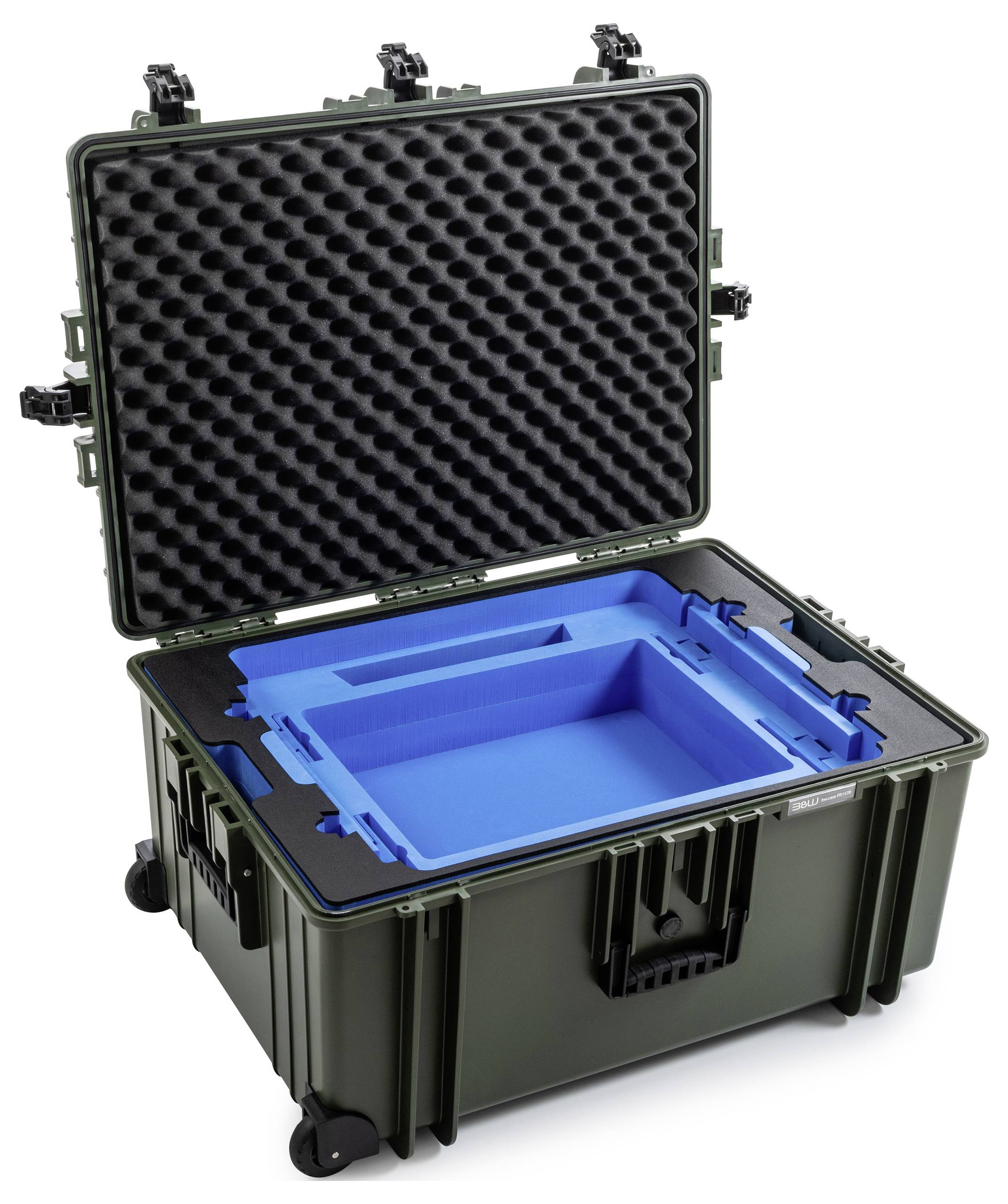 Ein schwarzes Schutzgehäuse mit geöffnetem Deckel zeigt maßgeschneiderte blaue Schaumstoffteile, die dazu konzipiert sind, Ausrüstung sicher zu halten.