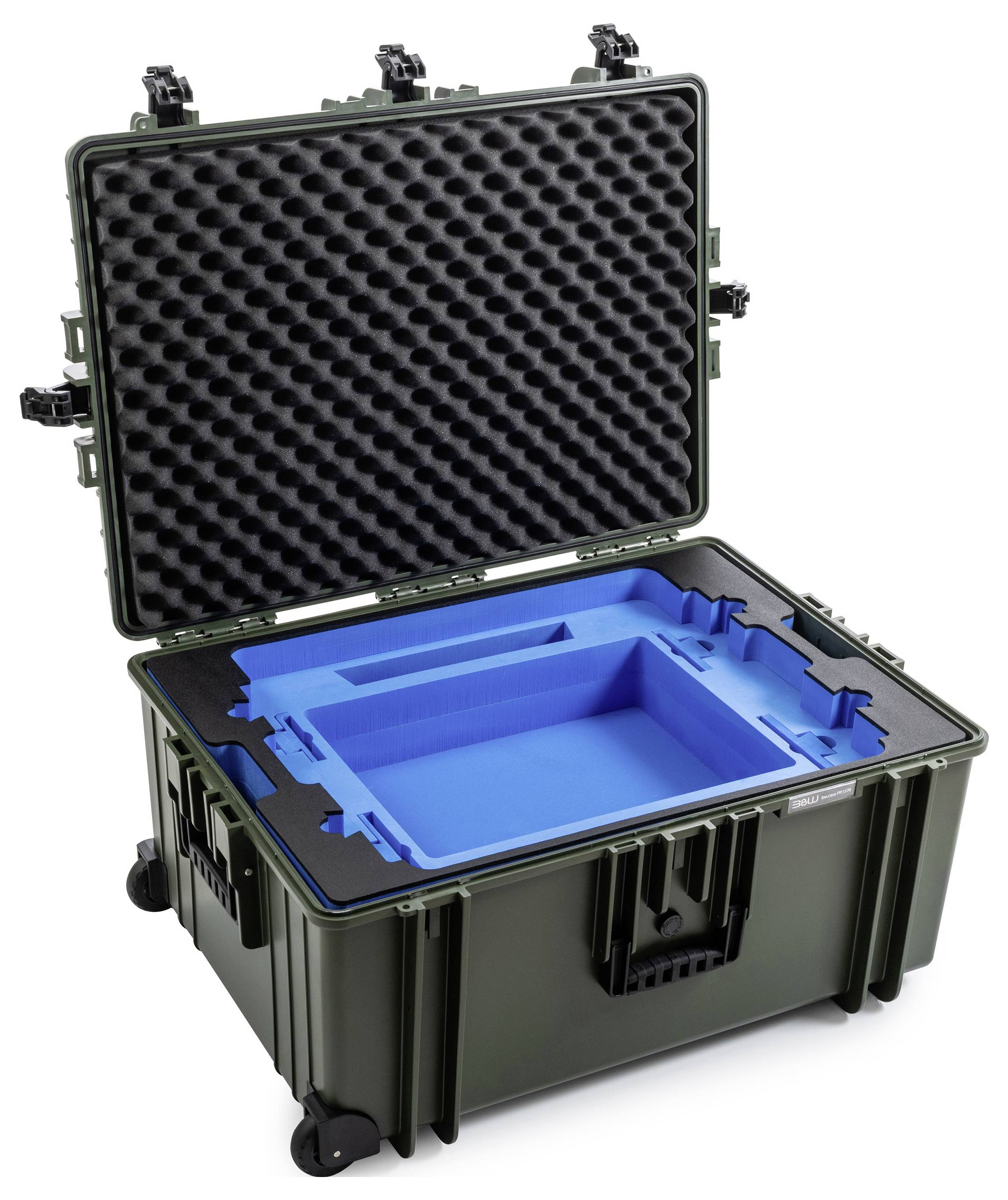 Ein offenes, robustes grünes Gehäuse mit Schaumstoffpolsterung im Inneren. Der blaue innere Schaumstoffeinsatz ist speziell geformt, um bestimmte Gegenstände sicher zu halten.