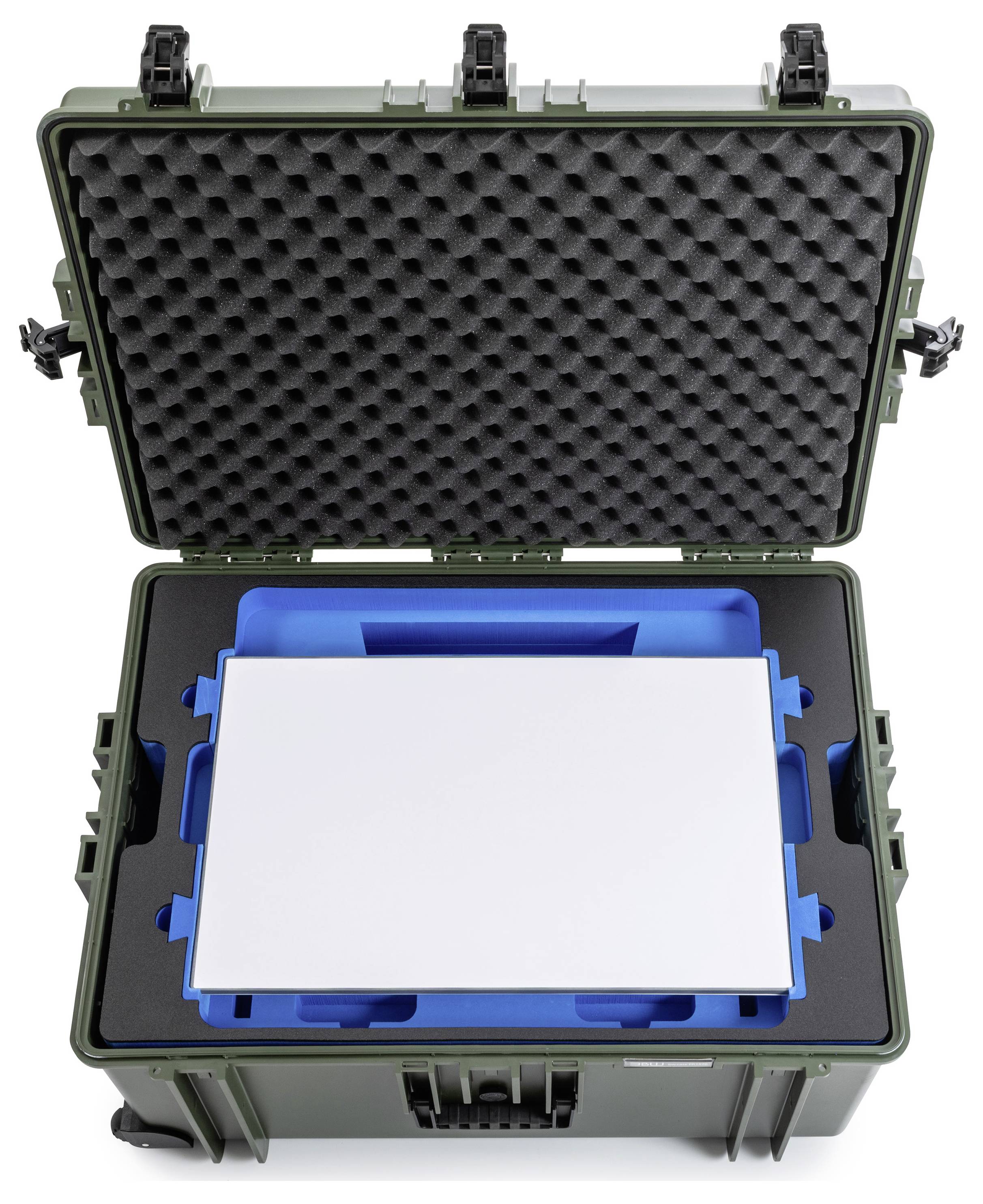 Ein offenes, robustes Schutzgehäuse mit Schaumstoffpolsterung, das einen blauen Ausschnitt-Einsatz enthält, in dem ein weißes rechteckiges Objekt untergebracht ist.