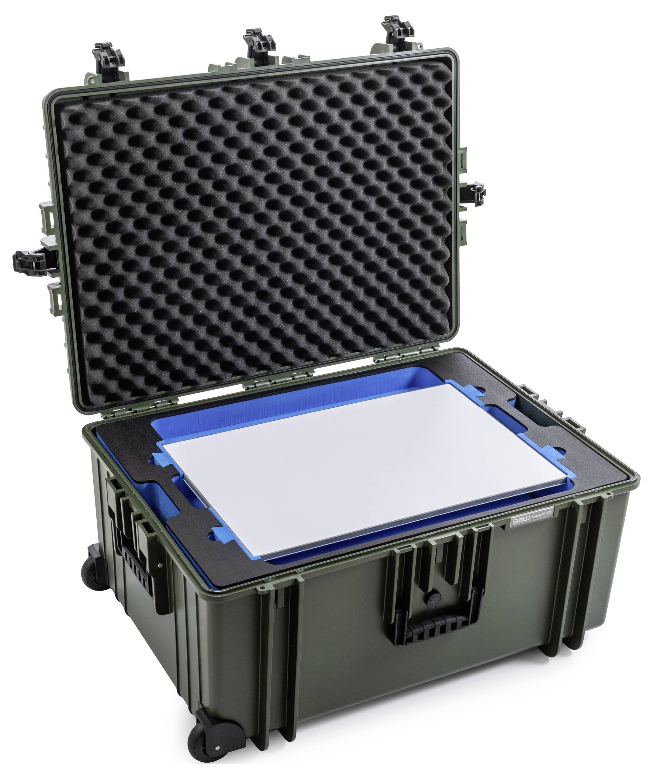 Ein robustes, offenes grünes Etui mit gepolstertem Inneren, in dem eine weiß-blaue rechteckige Platte untergebracht ist. Ausgestattet mit Verschlüssen und Rädern.