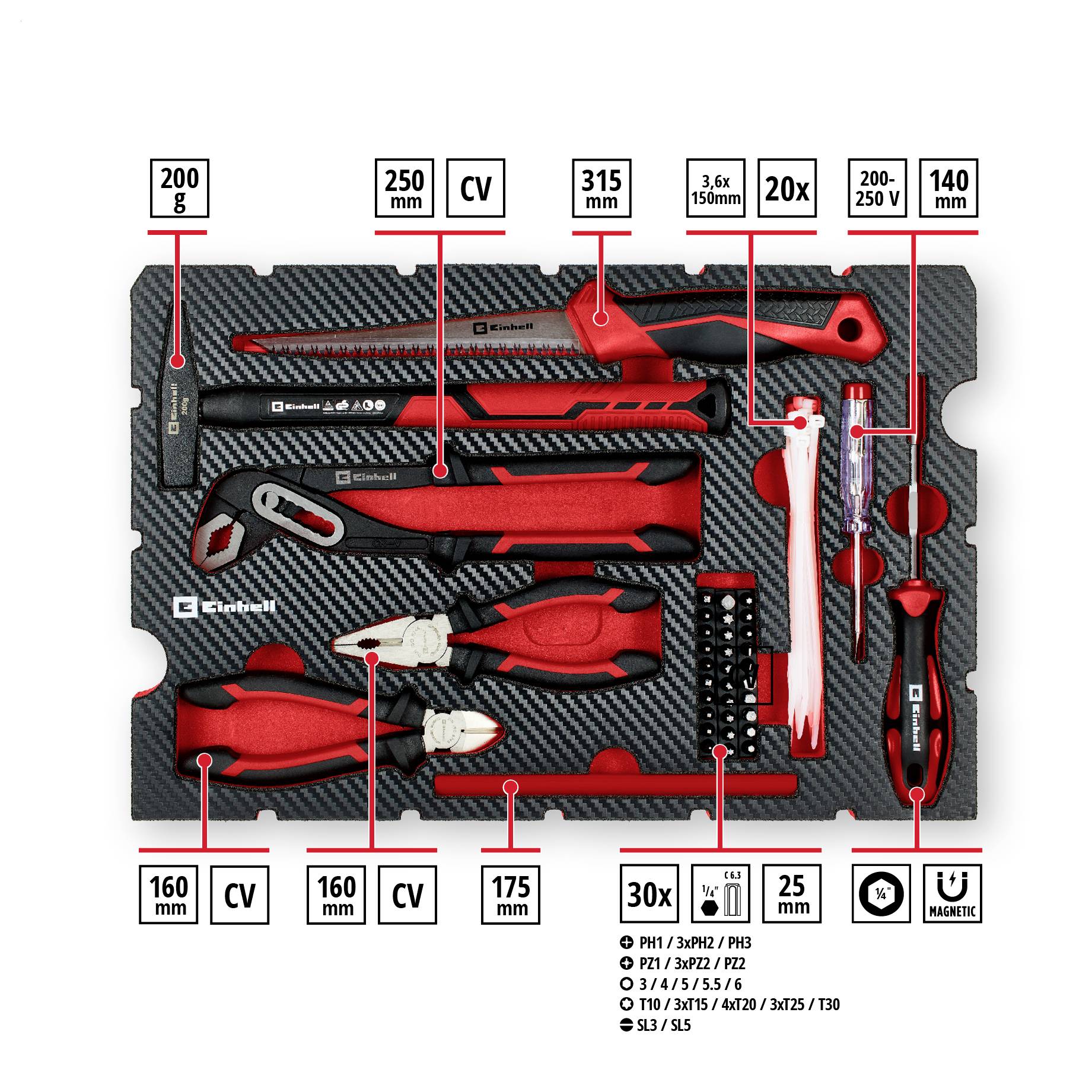 Ein Werkzeugsatz in Schaumstoffeinlage mit Schraubendrehern, Zangen und Steckschlüsseln. Zubehör ist farblich markiert und beschriftet.