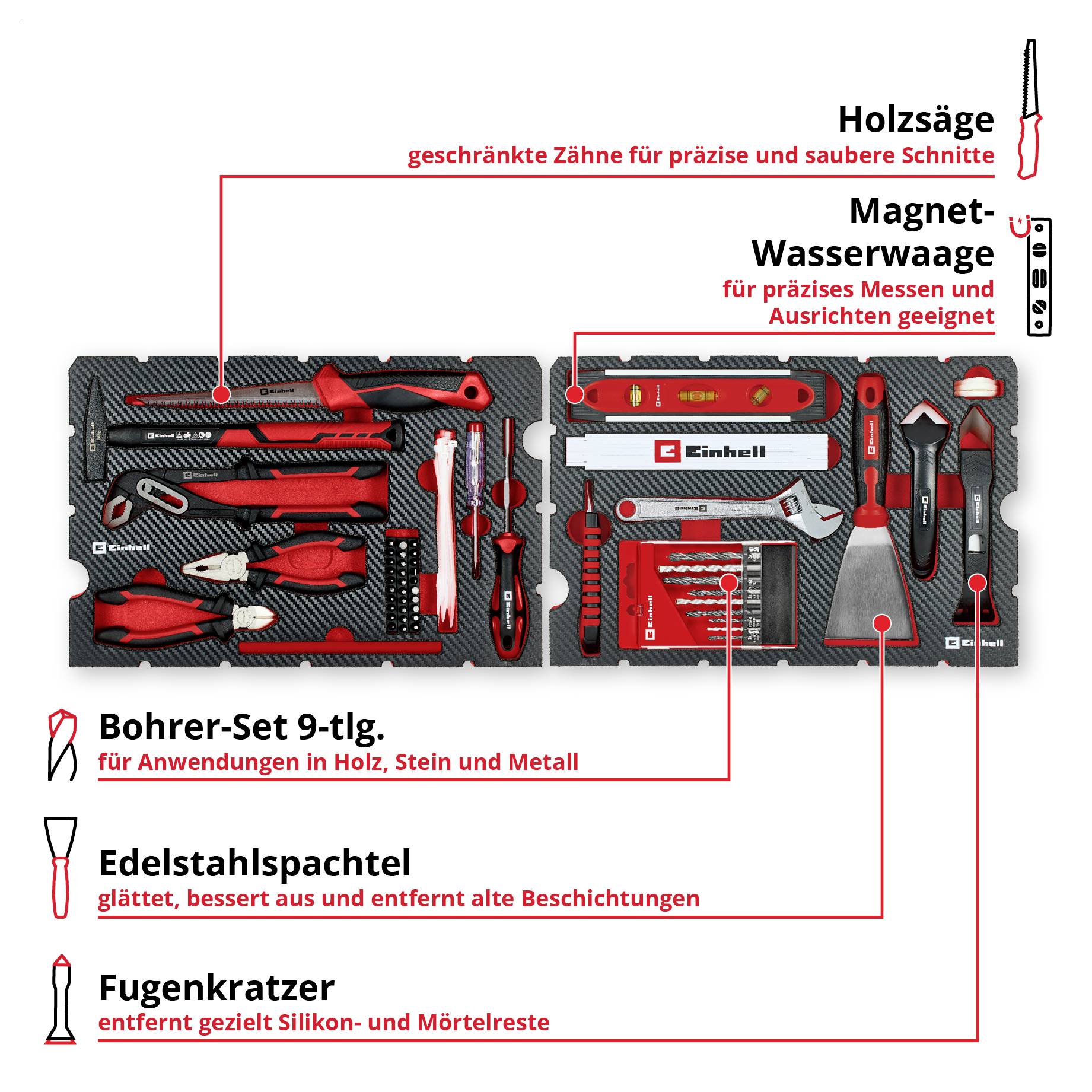 Einhell Werkzeugset: Holzsäge, Magnet-Wasserwaage, Bohrer-Set, Edelstahlspachtel und Fugenkratzer in geöffneter Tool-Box.