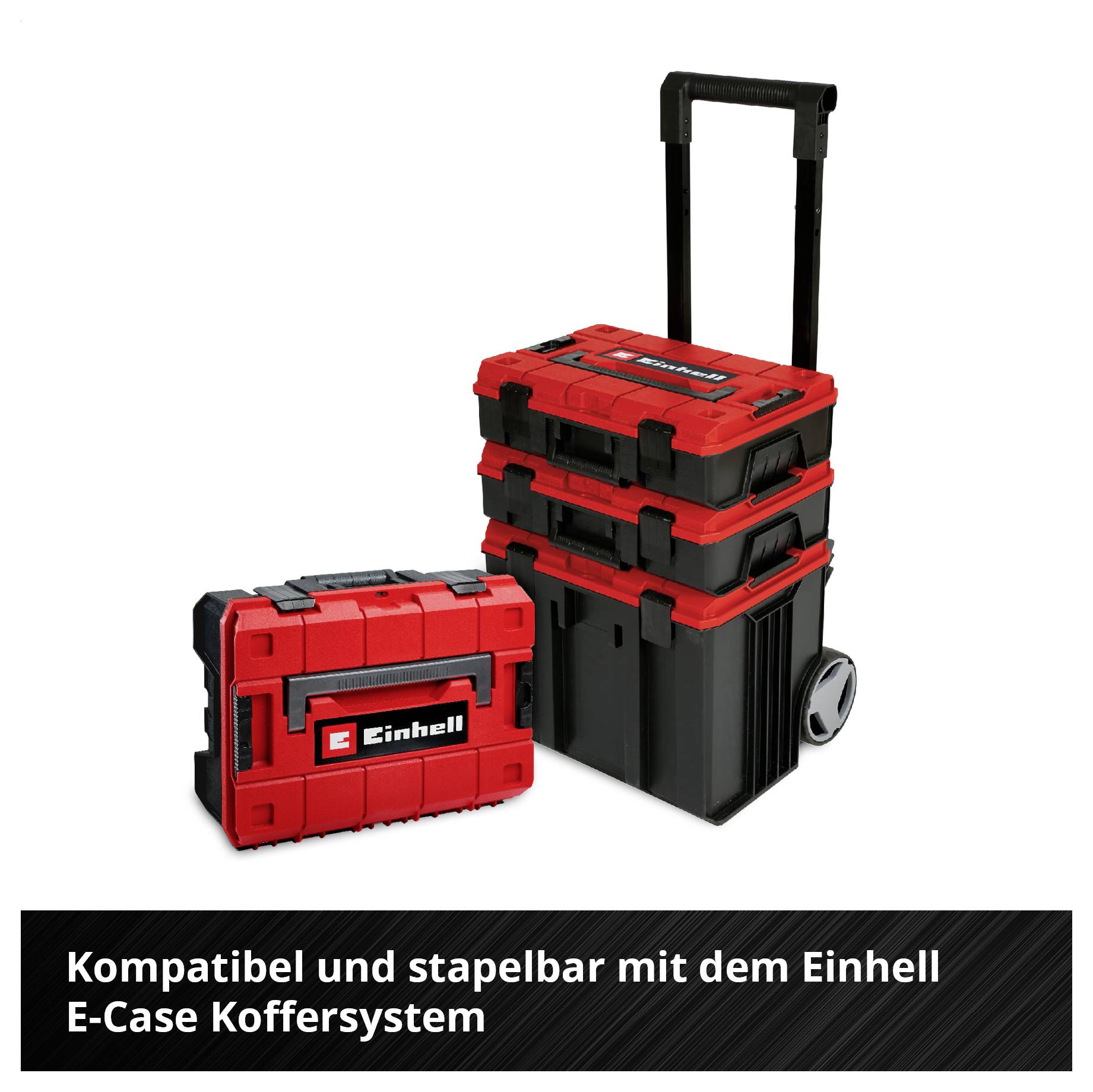 Rotes Einhell E-Case Koffersystem, stapelbar mit Rahmen und Rädern. Ein Koffer separat daneben. Text: 'Kompatibel und stapelbar'.
