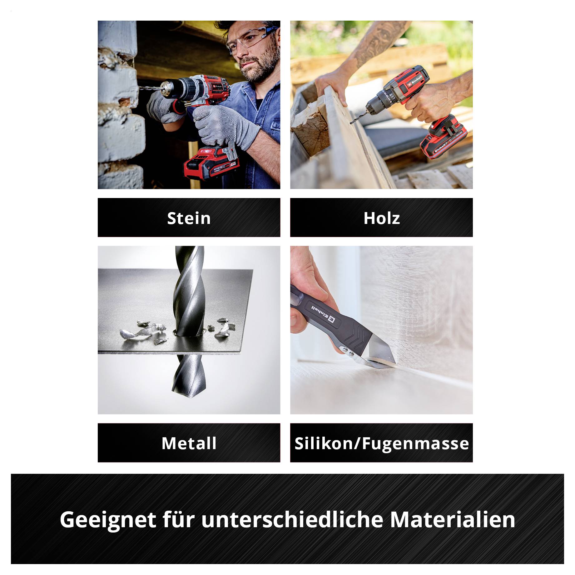 'Geeignet für verschiedene Materialien: Stein, Holz, Metall, Silikon/Fugenmasse.' Vier Bilder zeigen jeweilige Werkzeuge im Einsatz.