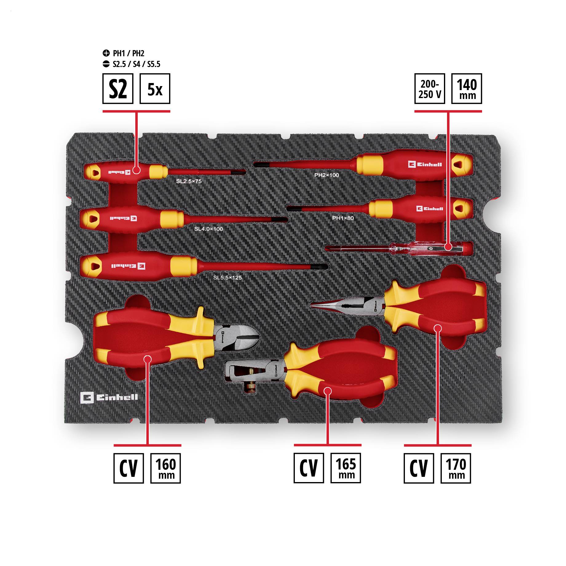 A set of insulated tools arranged on a black tray. Includes screwdrivers, pliers, and a voltage tester, each labeled with sizes and specifications.