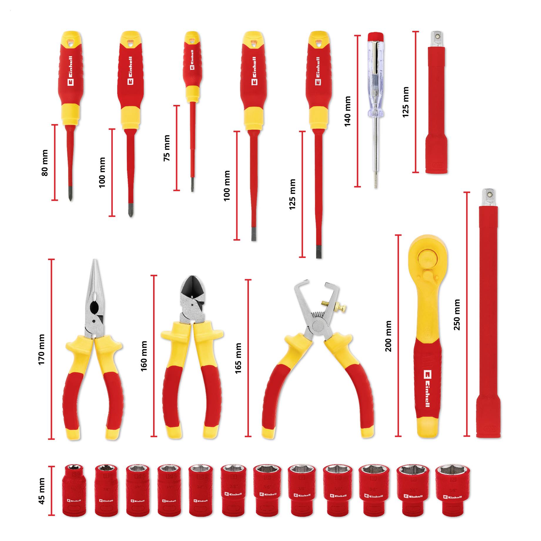 A 15-piece toolkit featuring insulated screwdrivers, pliers, a voltage tester, wrenches, and sockets, designed for electrical safety tasks.