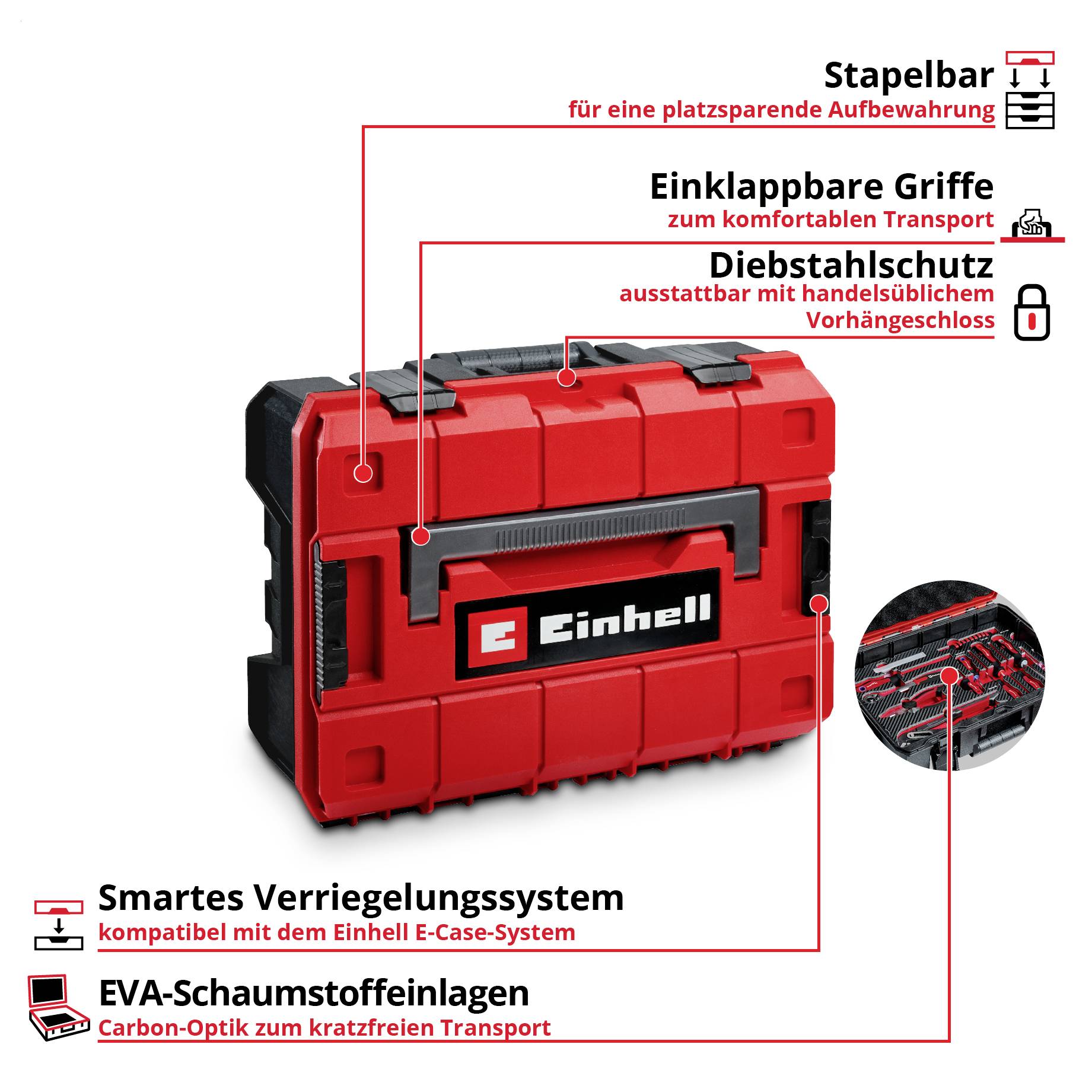 Einhell Werkzeugkoffer, stapelbar, mit einklappbaren Griffen und Diebstahlschutz, zeigt Diagramme zu Features wie Verriegelungssystem und Schaumstoffeinlagen.