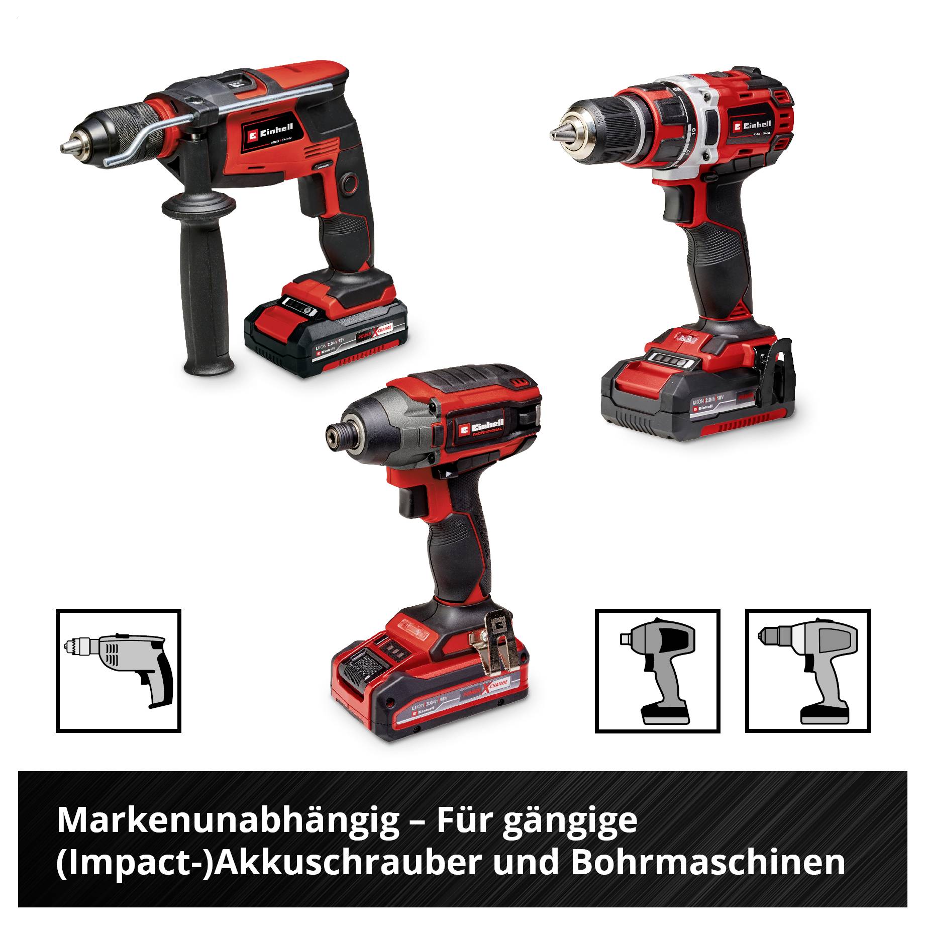 Zwei rote Akkuschrauber und eine Bohrmaschine werden gezeigt. Text auf Deutsch: 'Markenunabhängig - Für gängige (Impact-)Akkuschrauber und Bohrmaschinen'.