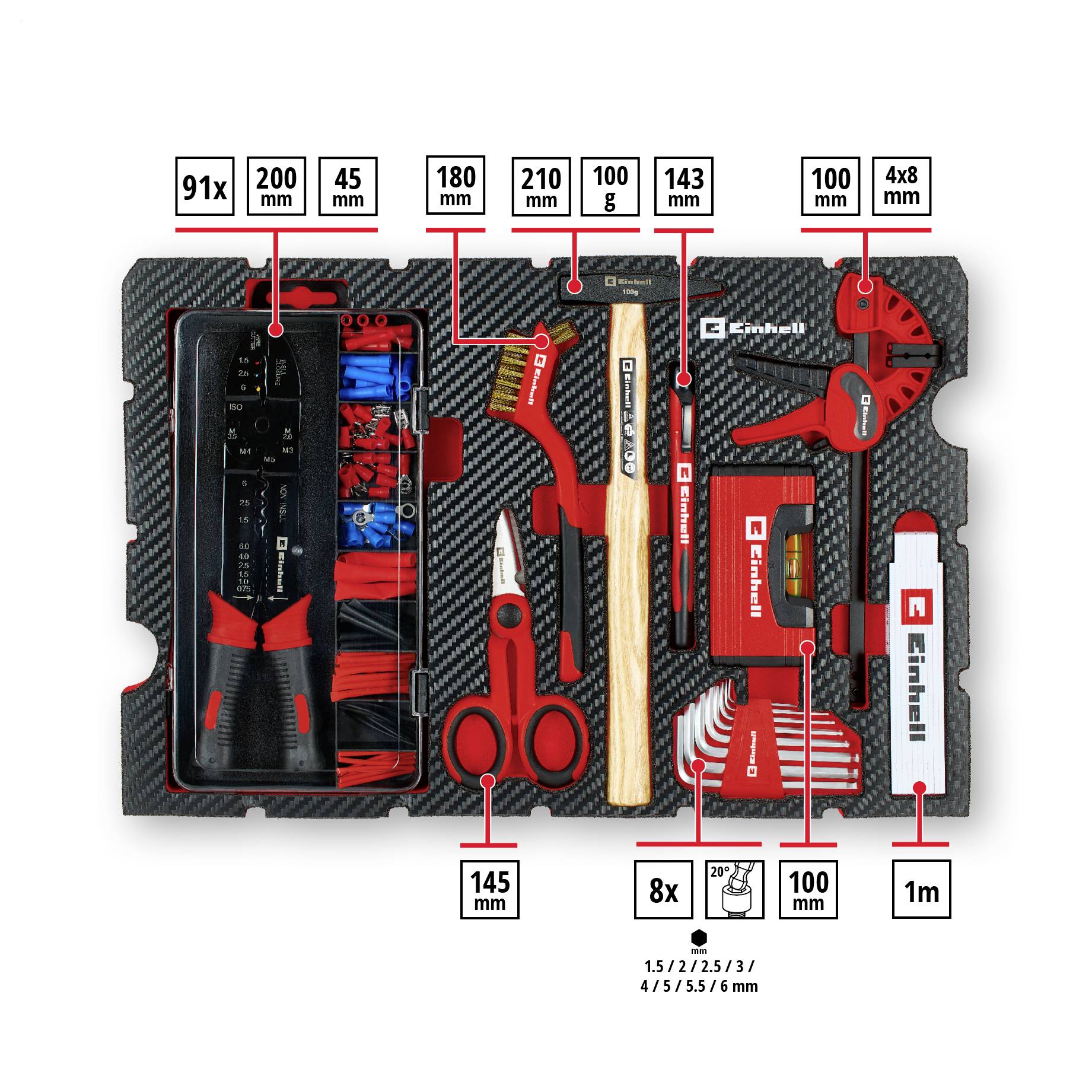 A toolkit with various hand tools, including pliers, hammer, scissors, measuring tape, and screwdriver, with labeled dimensions for each item.