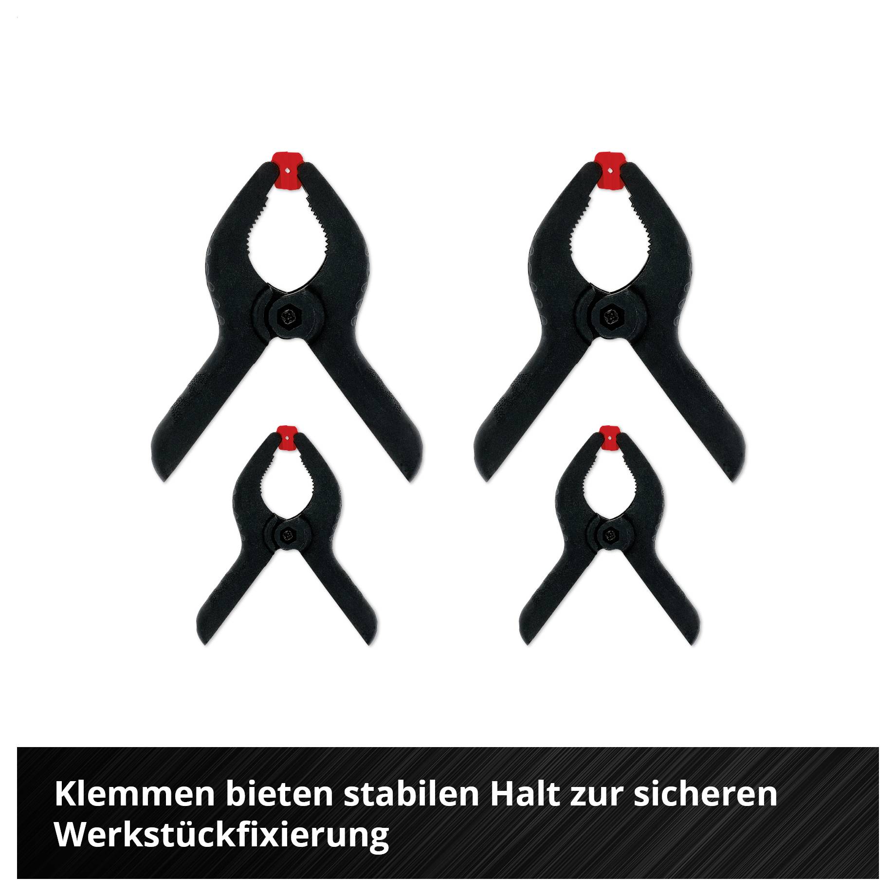 Vier schwarze Klemmen in verschiedenen Größen, oben jeweils mit rotem Einsatz. Text unten: 'Klemmen bieten stabilen Halt zur sicheren Werkstückfixierung'.