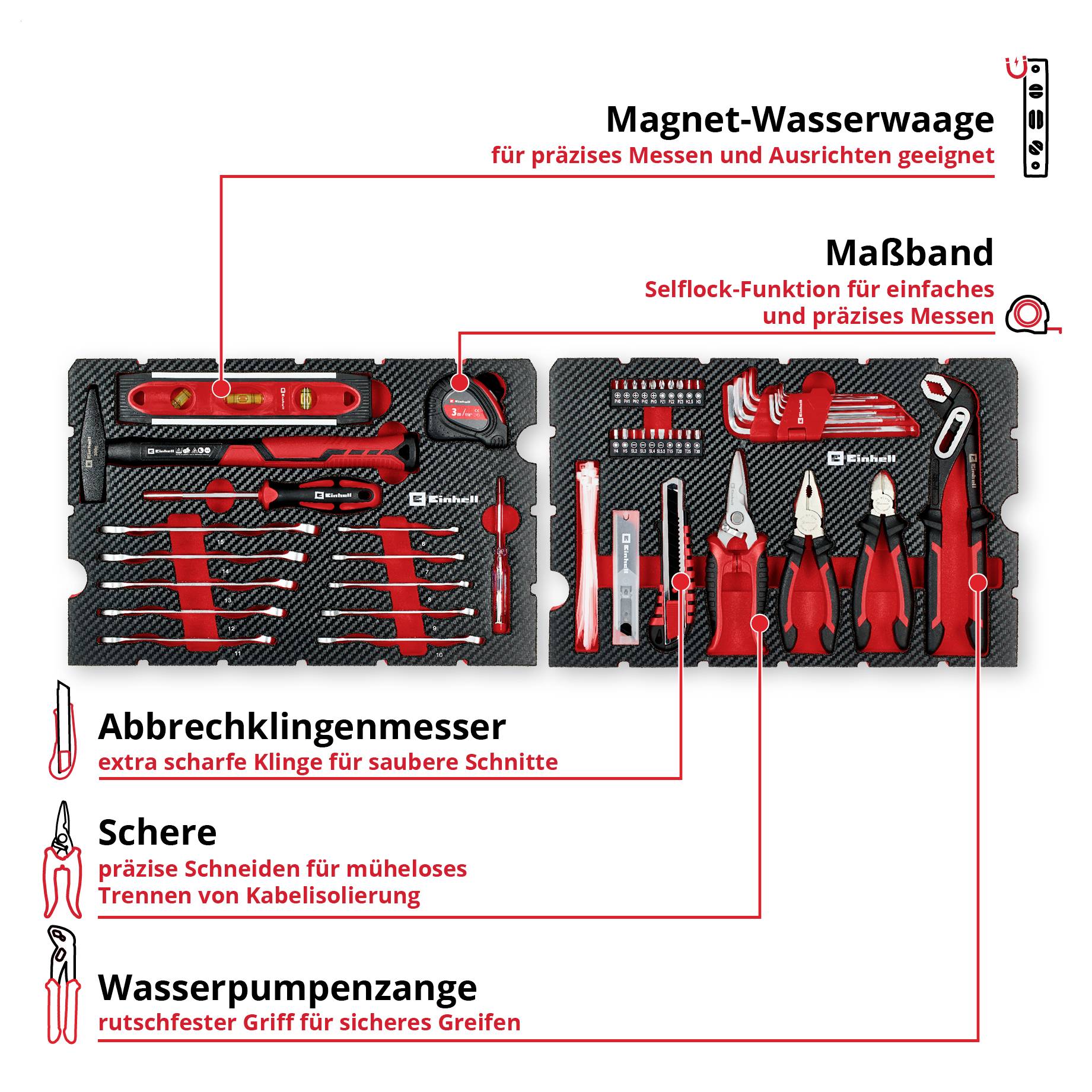 'Werkzeugset' auf schwarzem Hintergrund. Oben: 'Magnet-Wasserwaage', 'Maßband'. Unten: 'Abbrechklingenmesser', 'Schere', 'Wasserpumpenzange'. Rote Werkzeuge sind angeordnet.