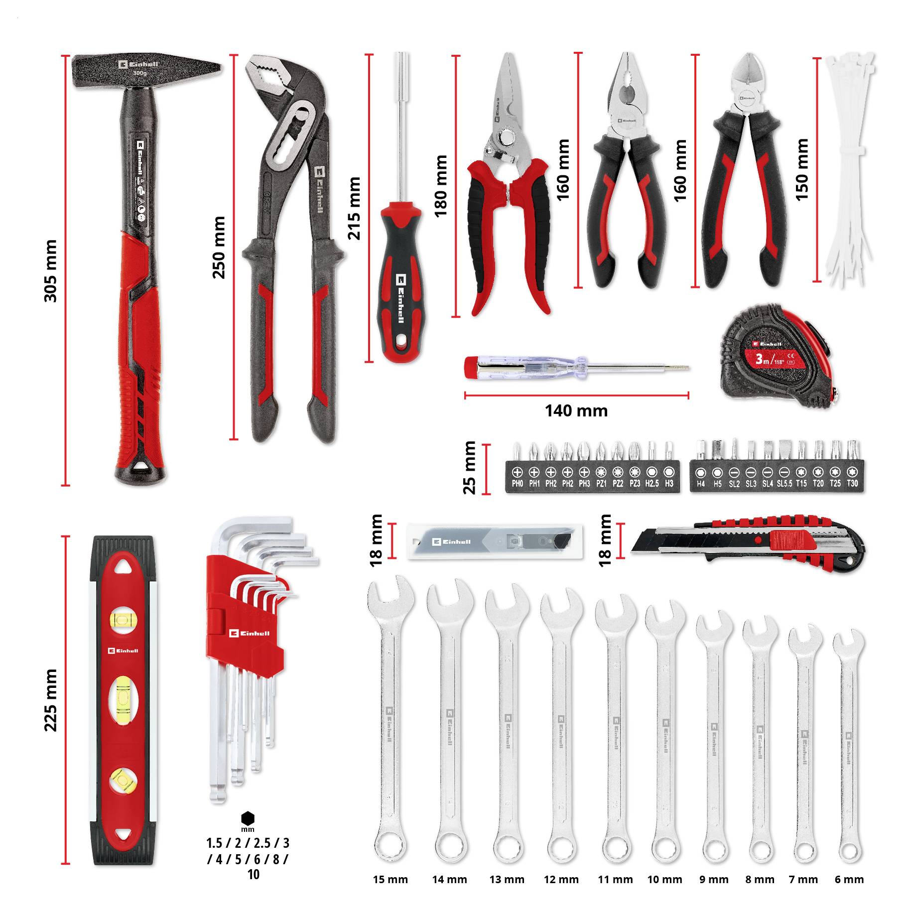 A diverse 82-piece tool set including wrenches, pliers, a hammer, screwdrivers, Allan keys, and cable ties, with measurements shown.