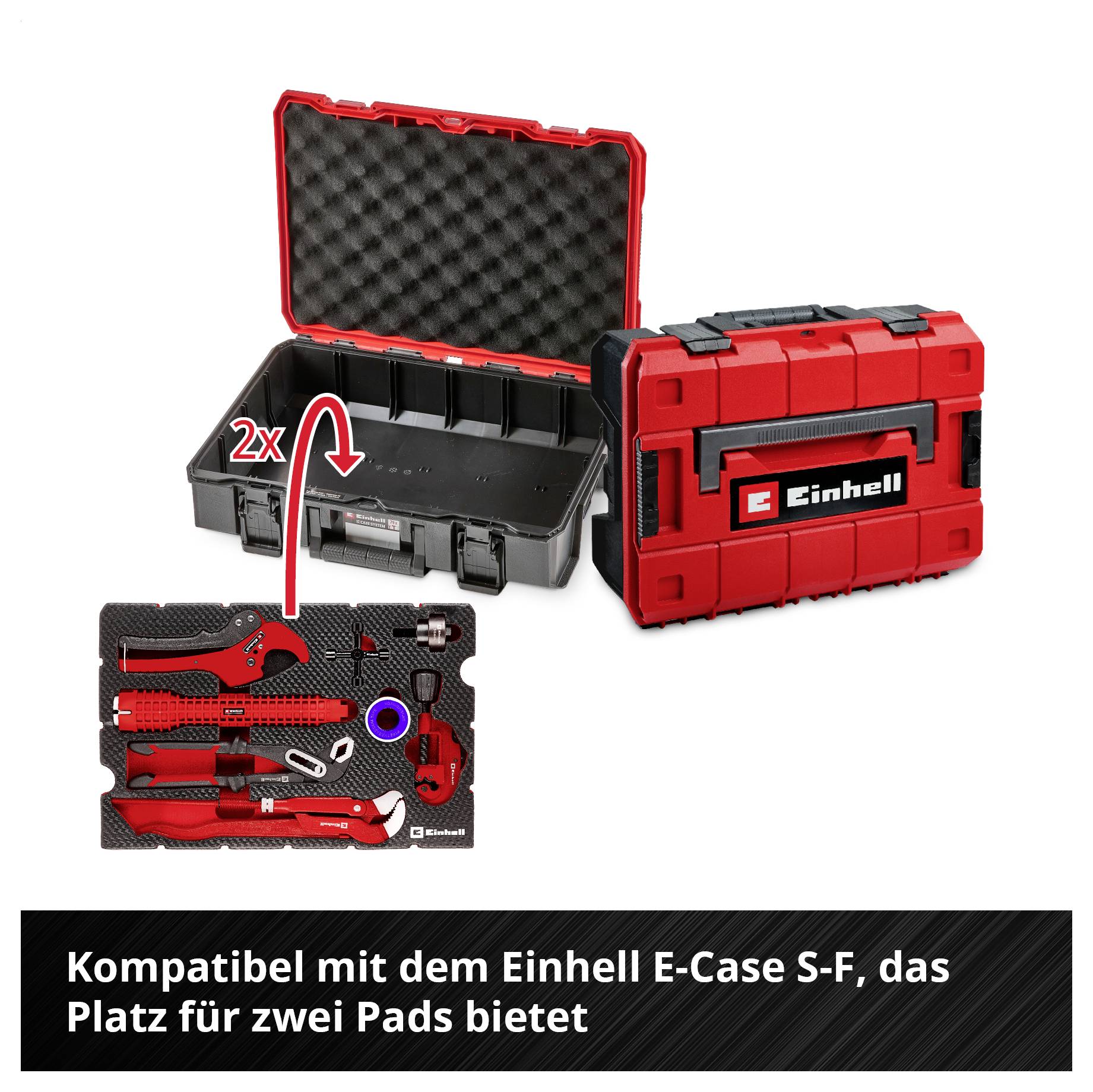 Offener und geschlossener roter Einhell Werkzeugkoffer mit gezeigtem Innenraum, der Platz für Werkzeuge und zwei Pads bietet.