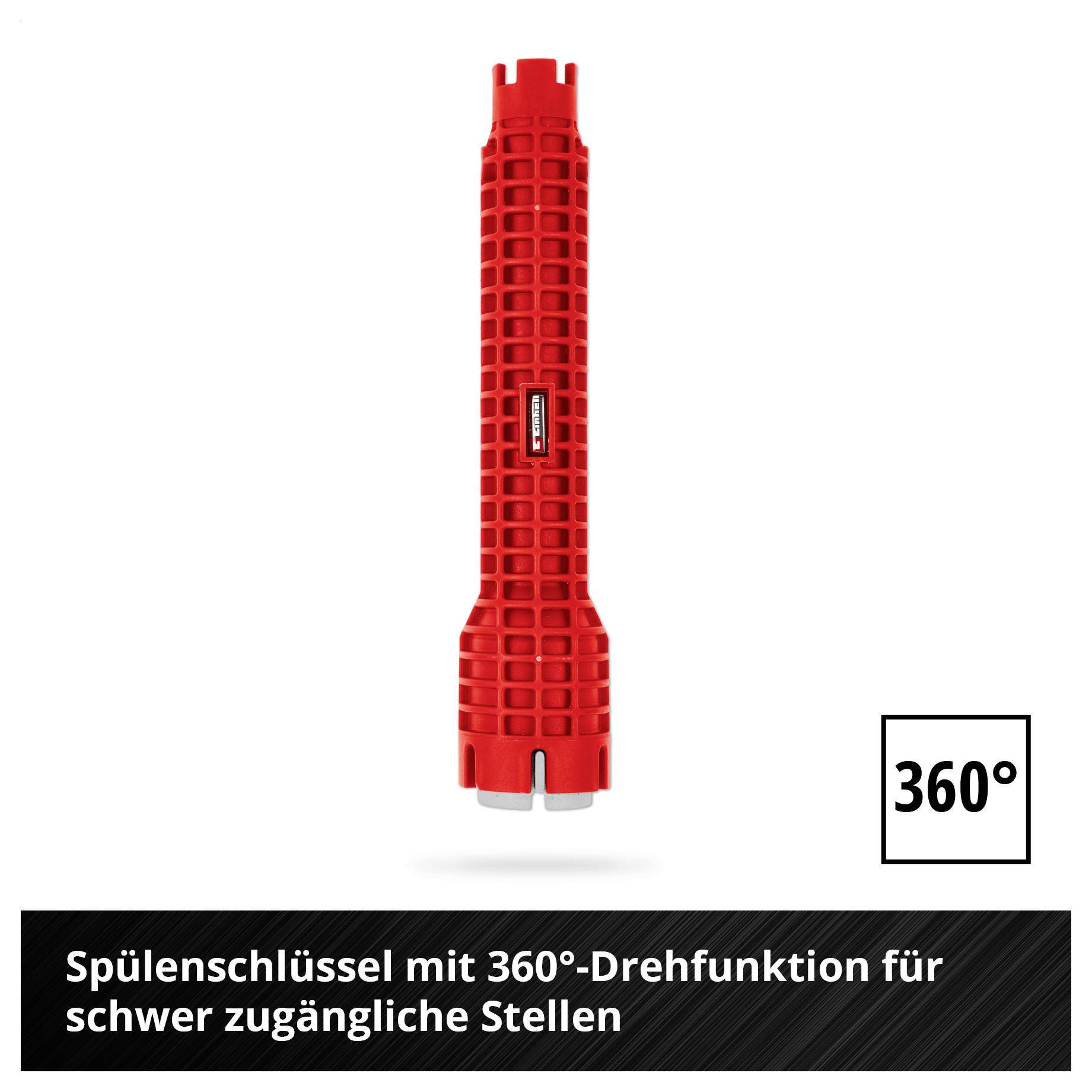'Spülenschlüssel mit 360°-Drehfunktion für schwer zugängliche Stellen.' Ein rotes Werkzeug mit geriffelten Griff.