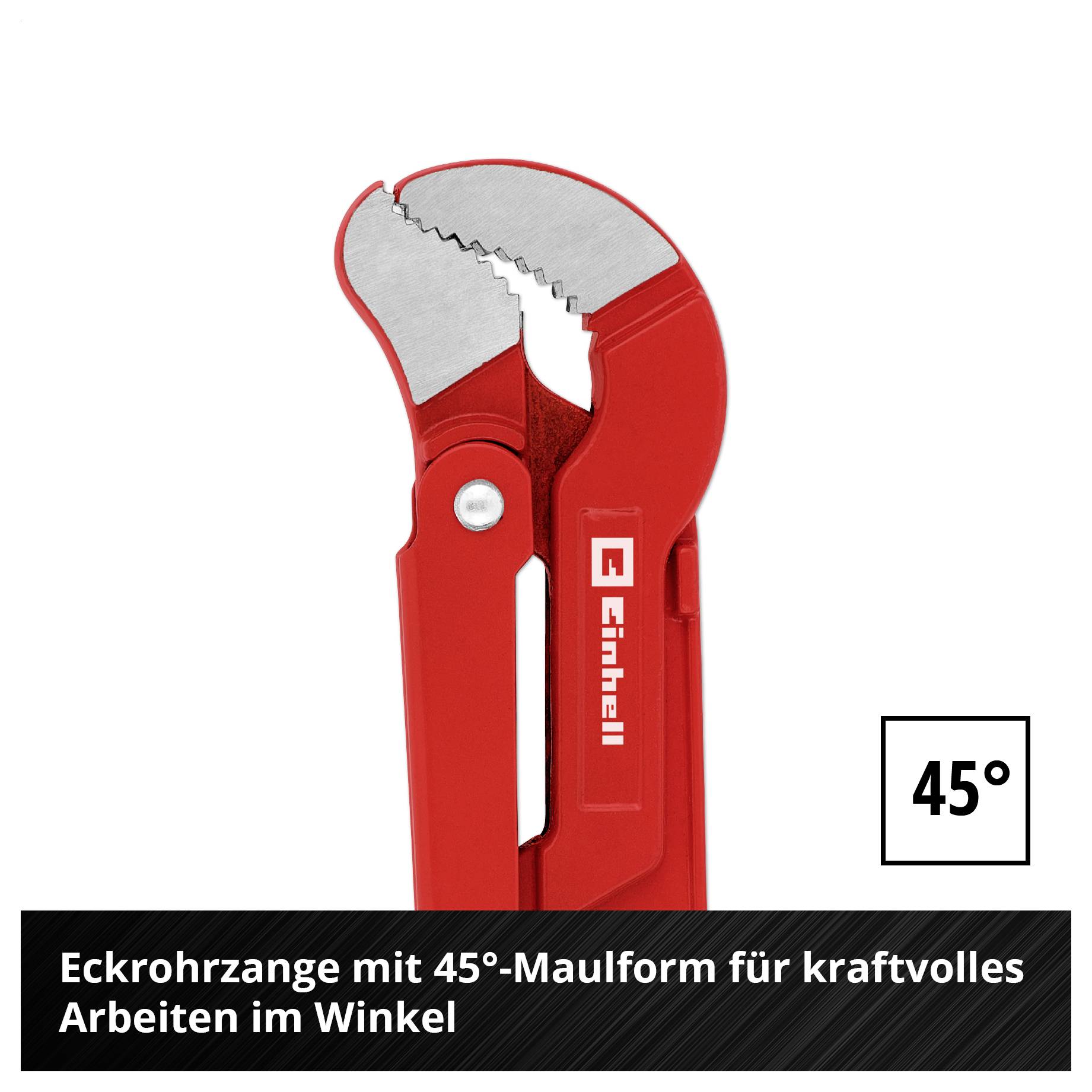 Rote Eckrohrzange mit 45°-Maulform, geeignet für kraftvolles Arbeiten im Winkel.