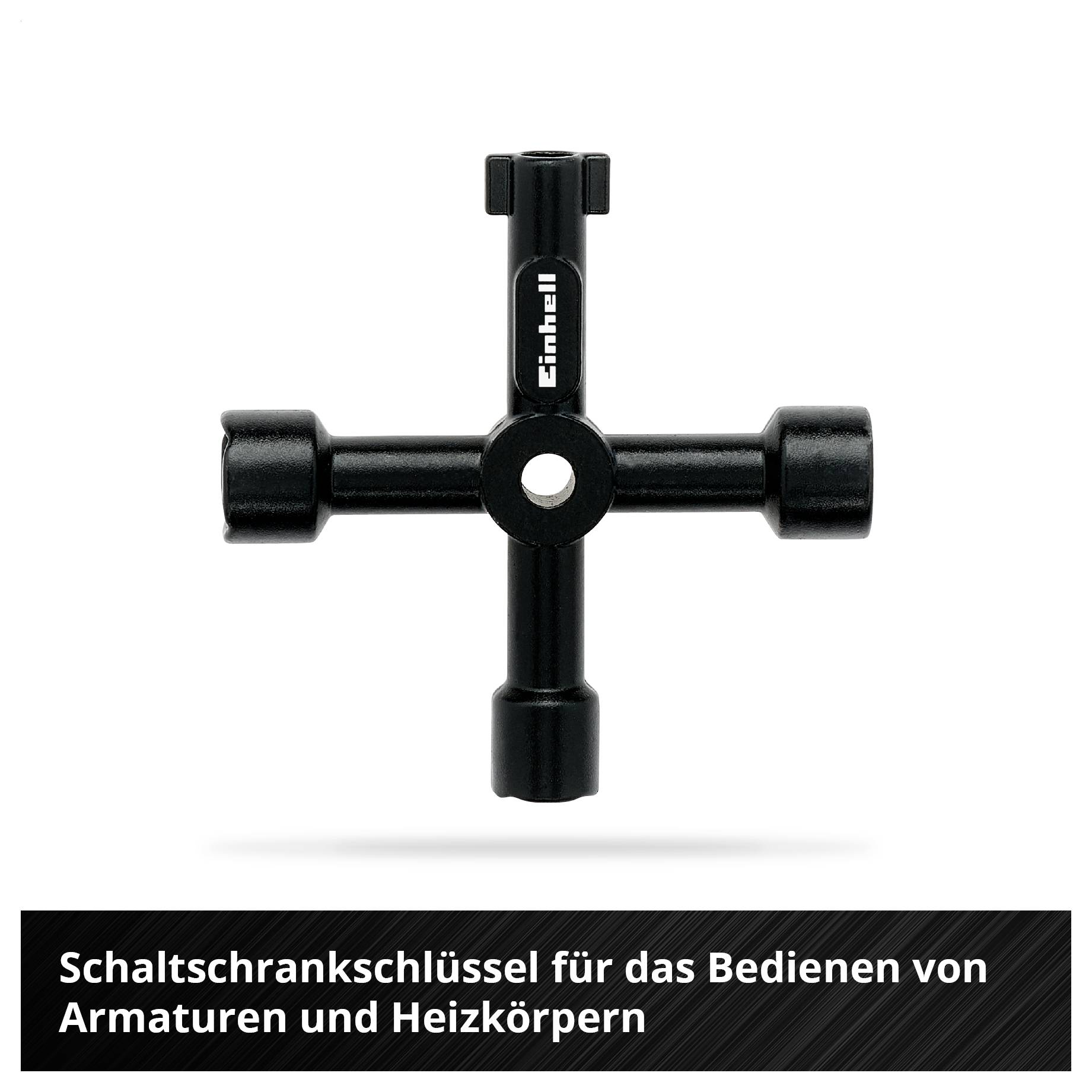 'Schaltschrankschlüssel für das Bedienen von Armaturen und Heizkörpern', schwarzes Kreuz-Werkzeug mit vier Schlüsseln.