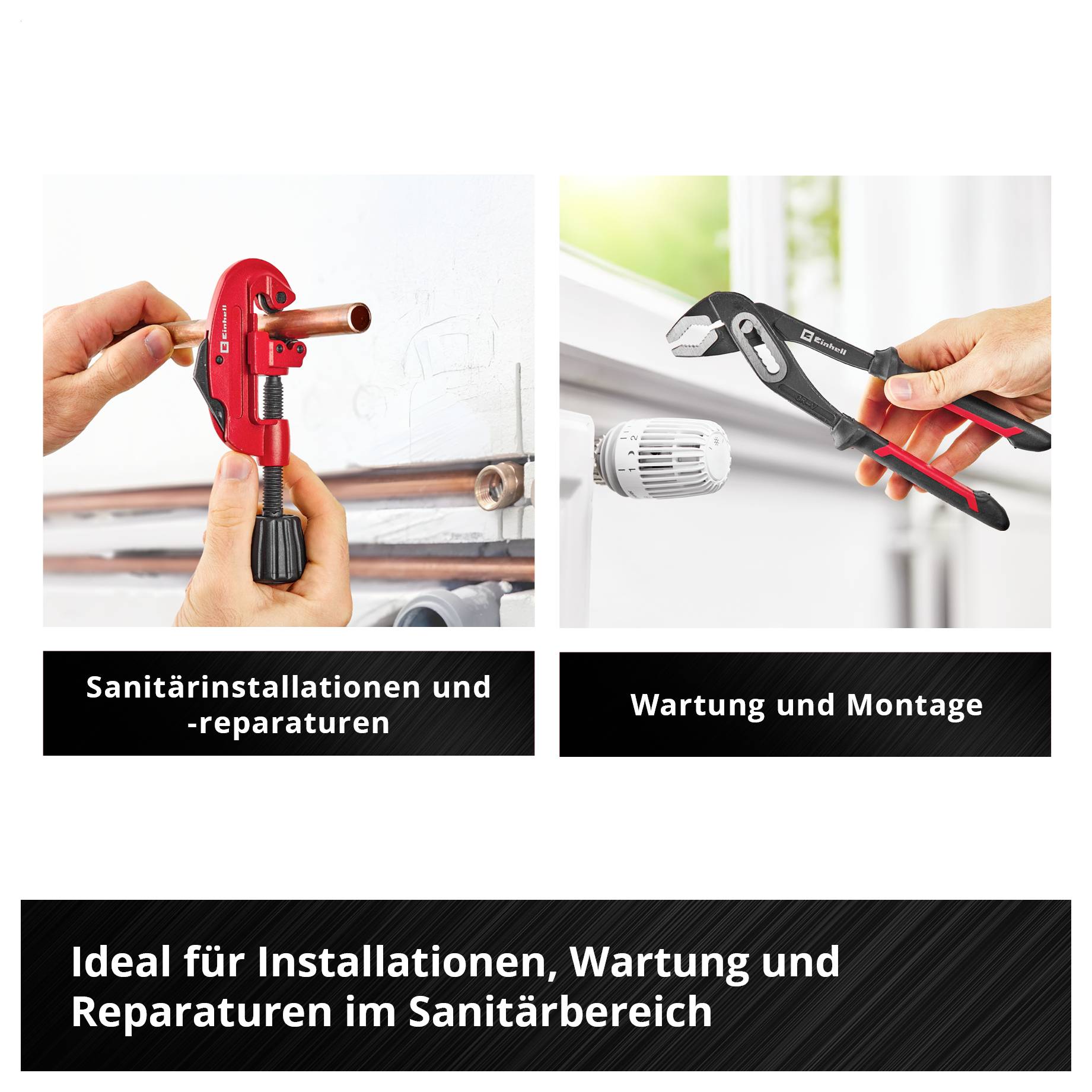 'Sanitärinstallationen und -reparaturen' zeigt eine Person, die ein Rohr schneidet; 'Wartung und Montage' zeigt Werkzeug am Heizkörperventil.