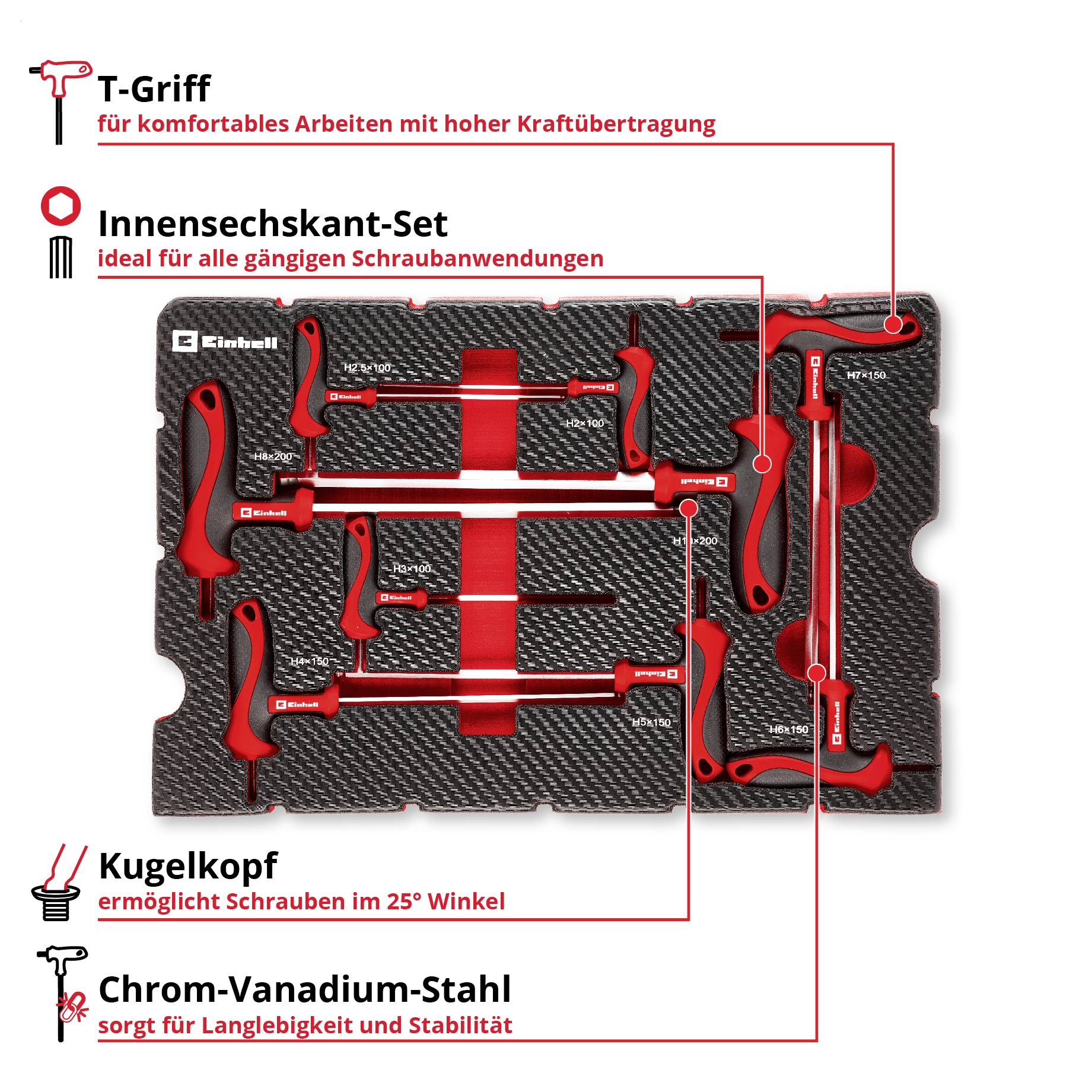 T-Griff Inbusschlüssel-Set mit Kugelkopf und Chrom-Vanadium-Stahl, ideal für präzises und langlebiges Arbeiten.
